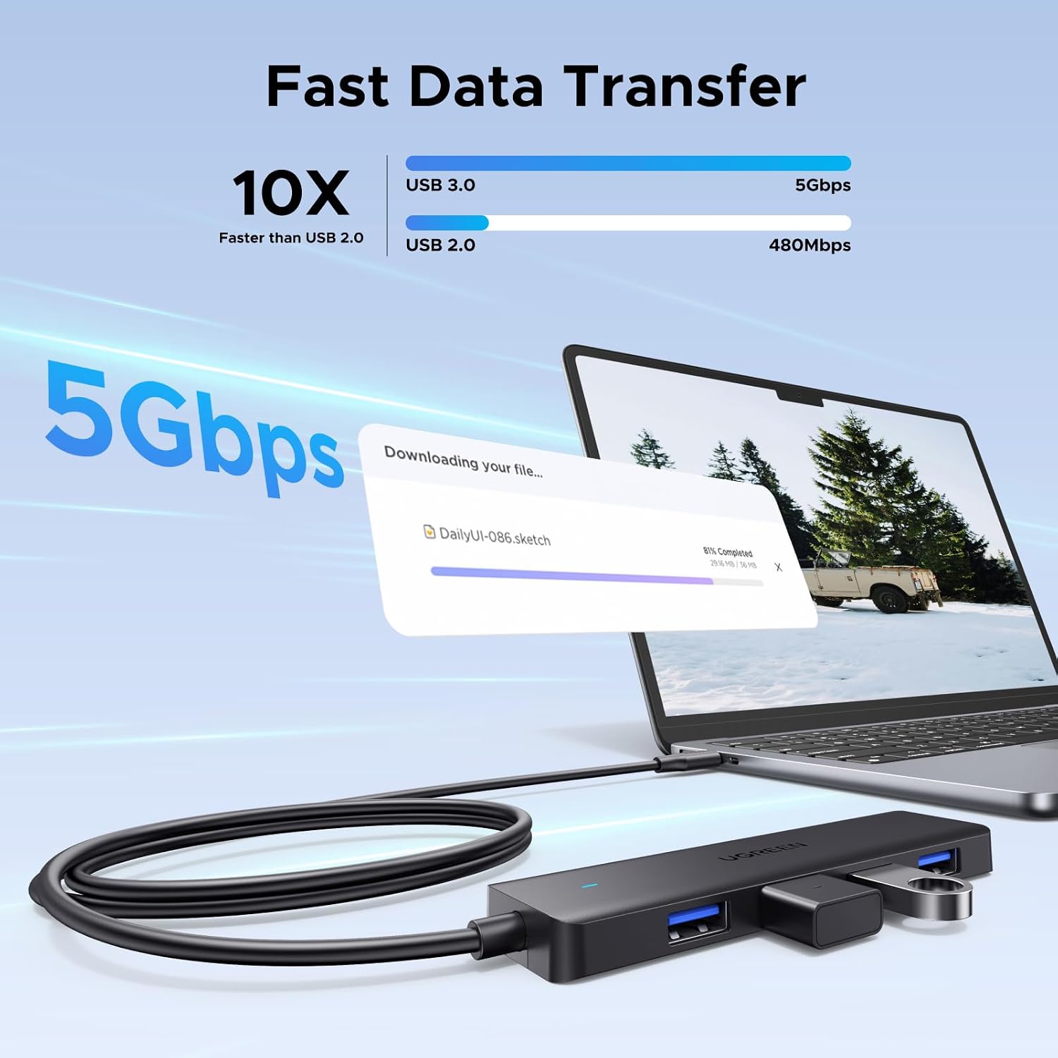 Detalle de UGREEN USB-C-hub met 4 USB 3.0-poorten en kabel van 100 cm