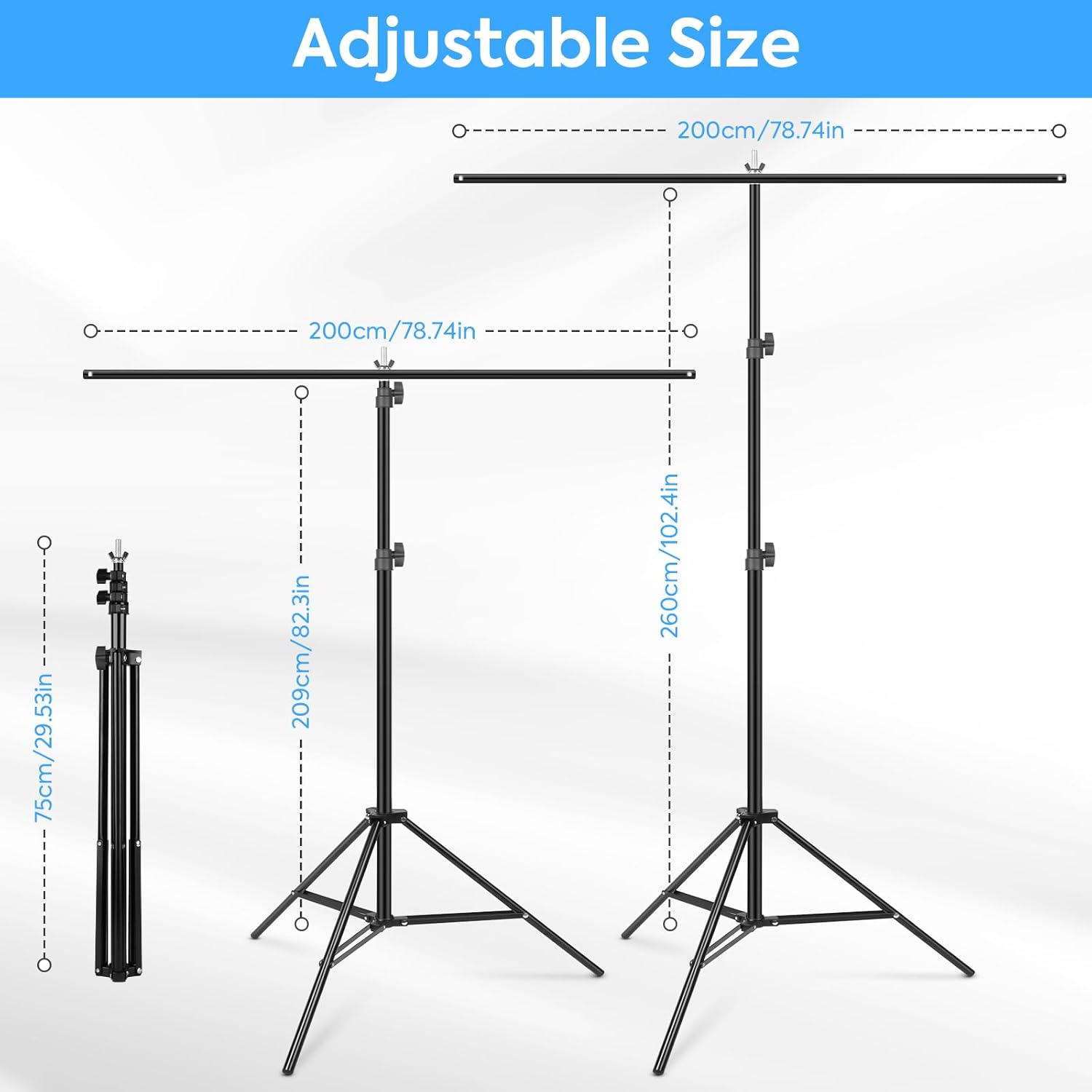 Detalle 2 de T-Shaped Backdrop Stand 2x2.6m (Huzofexo) portable aluminium background holder with clips
