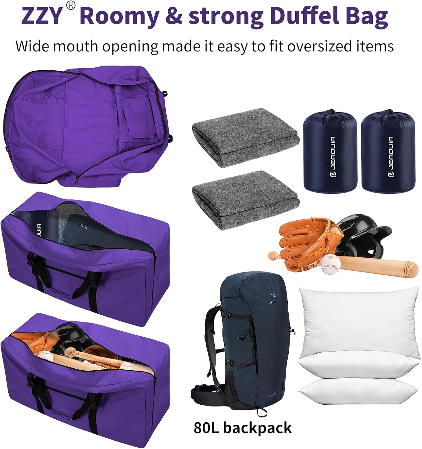 Thumbnail 2 de Surdimensionné Sac de Voyage Pliable 110L – Grand Léger Violet, pratique pour camping et weekends
