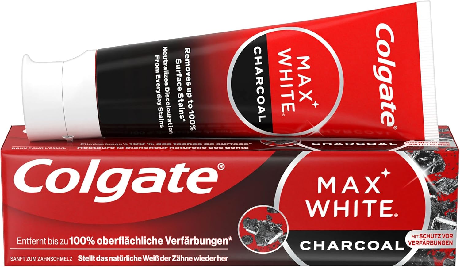 Detalle de Colgate Max White Charcoal Zahnpasta 4x75 ml – Aktivkohle, entfernt oberflächliche Verfärbungen