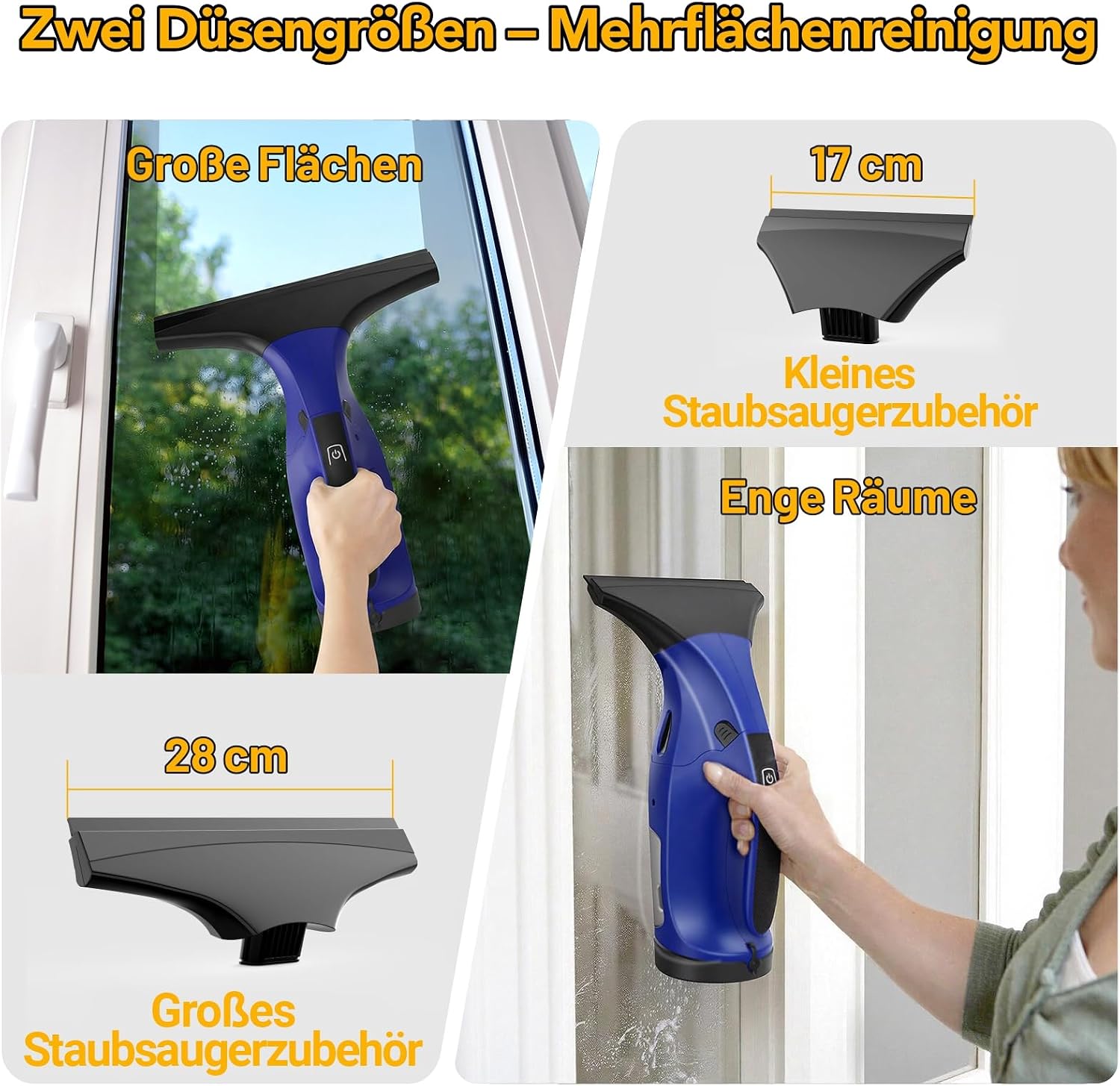 Detalle de Fenstersauger BL – kabelloser Fensterreiniger mit 28 cm & 17 cm Düsen, 40 Min Laufzeit, 270 ml Tank