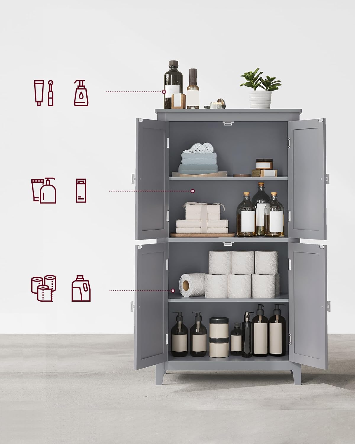 Detalle 1 de VASAGLE HELAN BBC552P36 Bathroom Cabinet, 4 Doors, Adjustable Shelves, Dove Grey