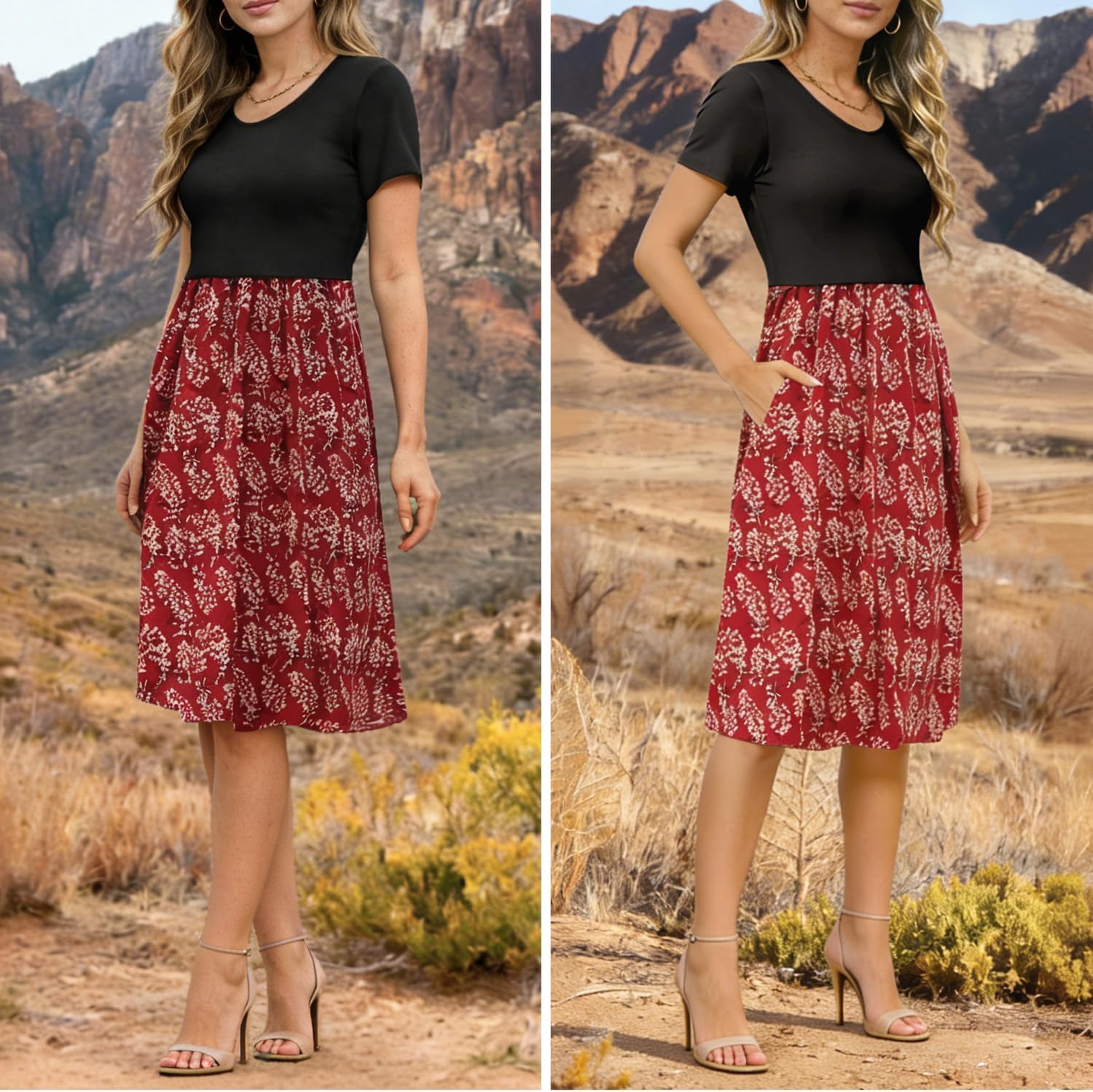 Detalle de PARNIXS Women's Nursing Dress Summer Short Sleeve Patchwork with Pockets