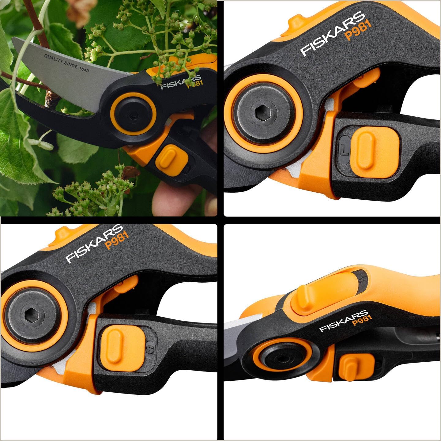 Detalle de Fiskars X-series DualAction P981 trädgårdssax med sidoskär och 2-i-1-läge
