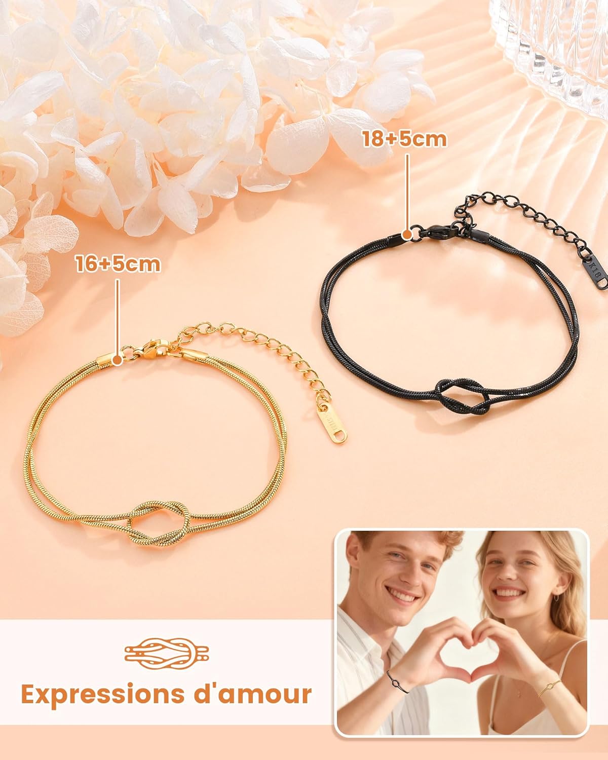 Thumbnail 2 de CheersLife Bracelet couple 2 pièces nœud, promesse pour Mr & Mrs (taille ajustable)