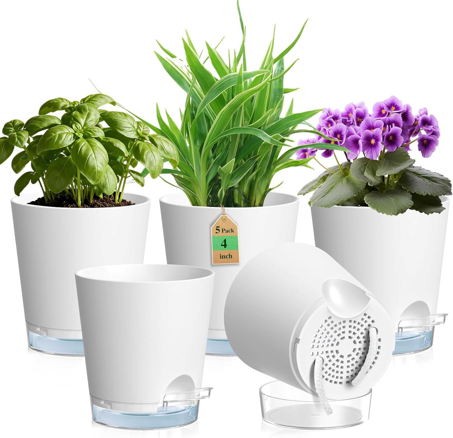 Detalle de WSMKSZ 10.2 cm Self Watering Plant Pots Indoor – 5 Pack
