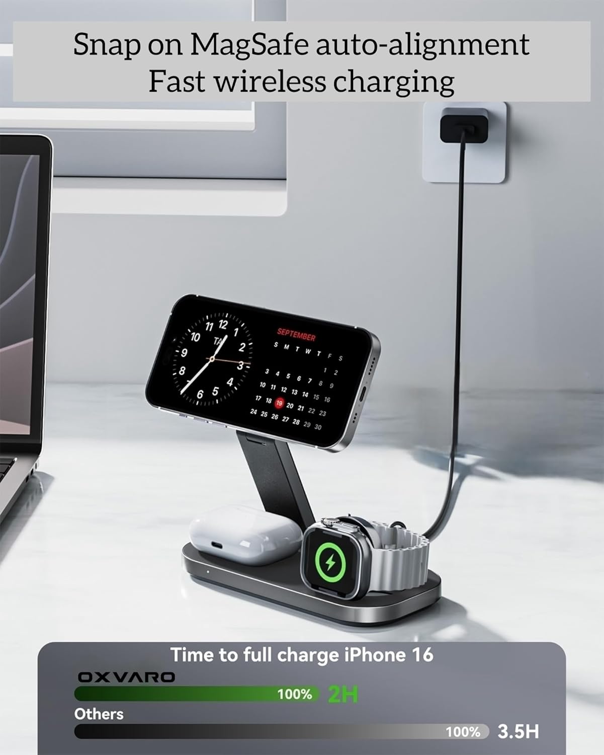 Thumbnail 1 de 3 in 1 Wireless Charging Station (Foldable) for iPhone, Apple Watch & AirPods – Travel-Ready MagSafe Stand, 20W Adapter Included (Black)