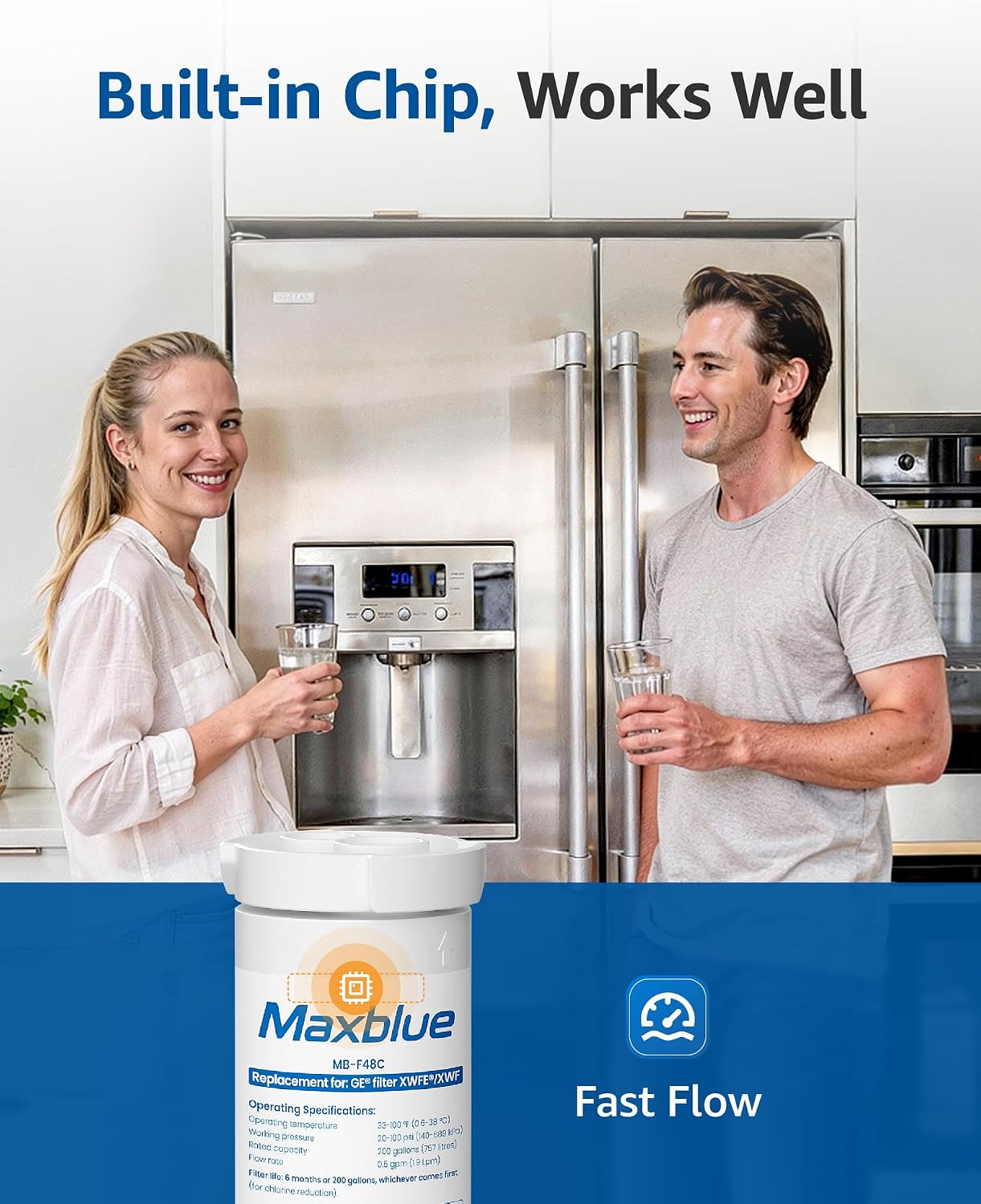 Detalle 2 de Maxblue MB-F48C Refrigerator Water Filter with Built-In Chip, Replacement for GE XWFE