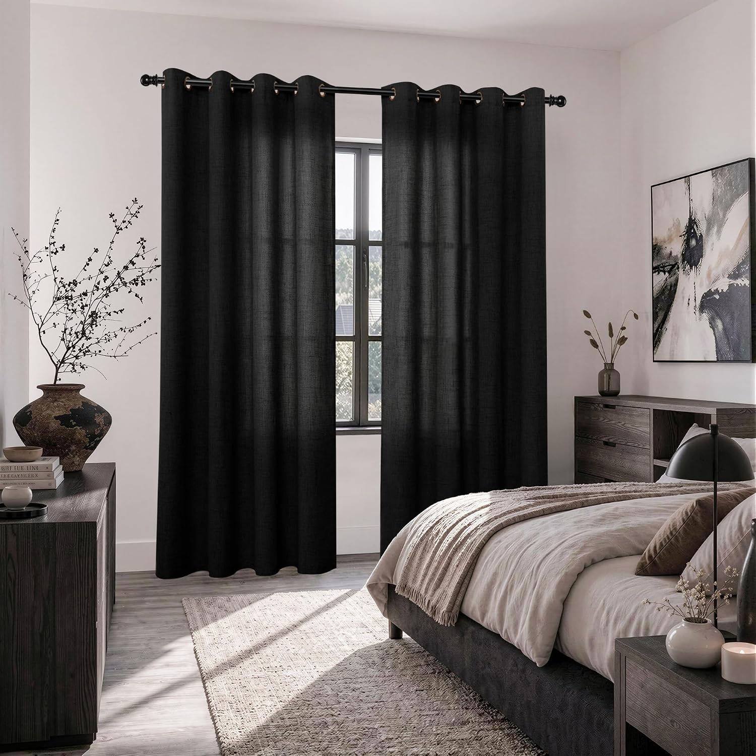 Detalle 2 de YoungsTex Black Linen-Look Curtains, 84-Inch, Light-Filtering, Bronze Grommets