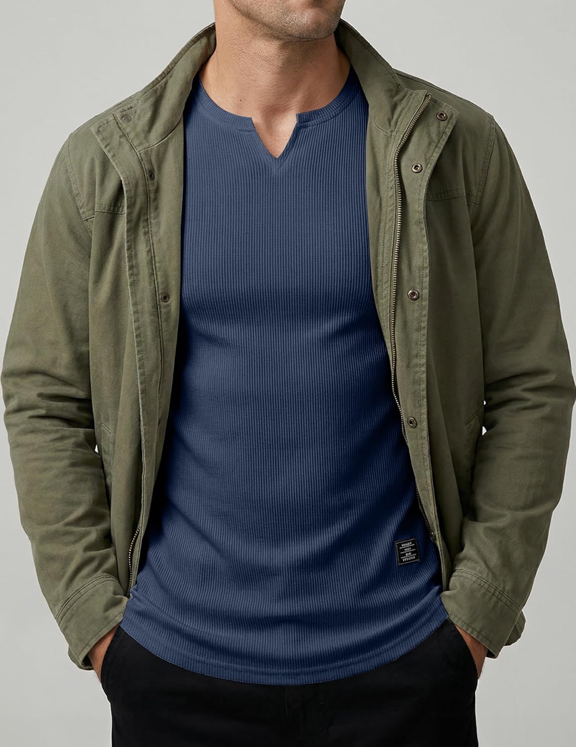 Thumbnail 2 de JMIERR Men's Muscle Slim Texture V Neck Longline Henley Tee