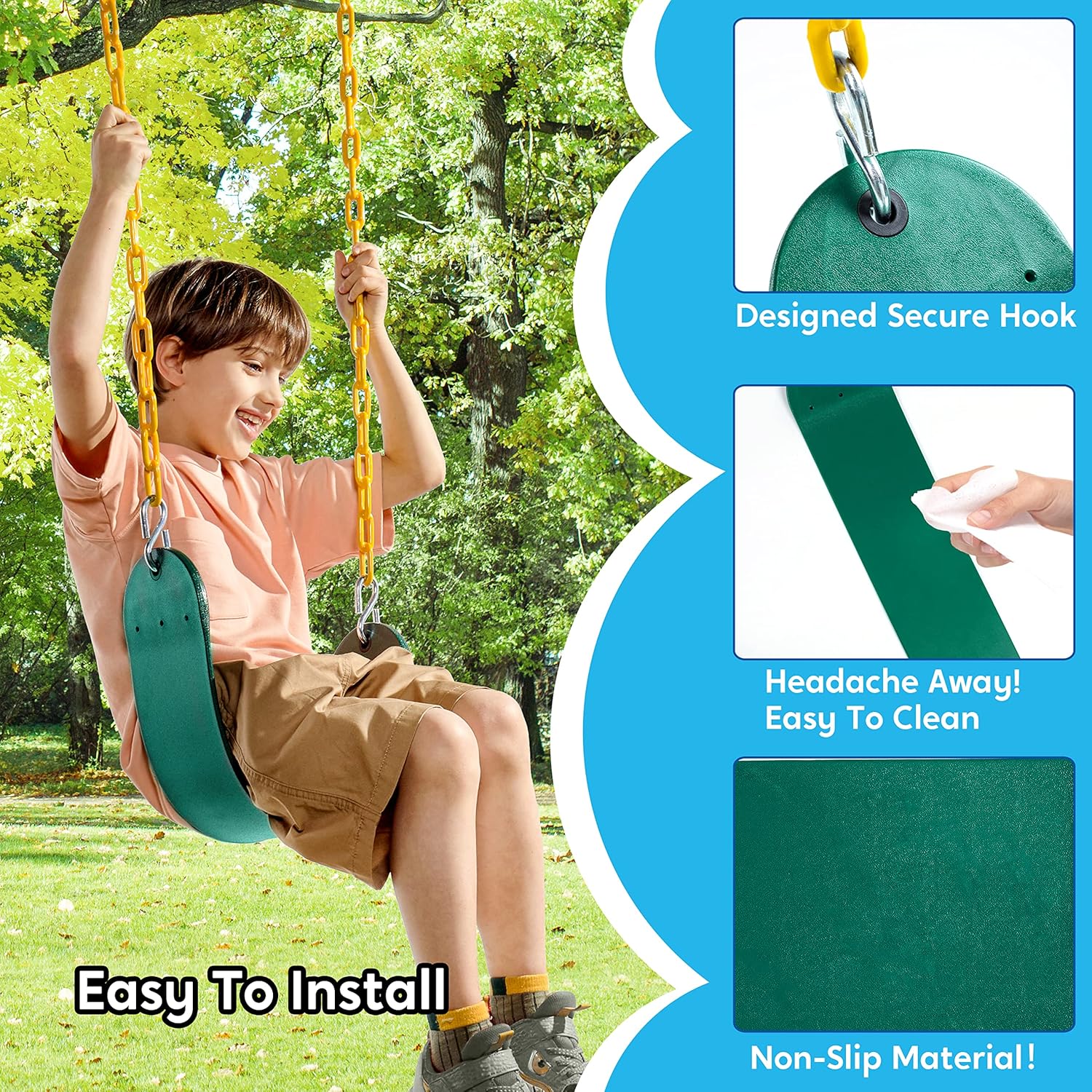 Detalle de TURFEE Heavy Duty Swing Seat (Green) with 66” Chain, Snap Hook Accessories for Kids