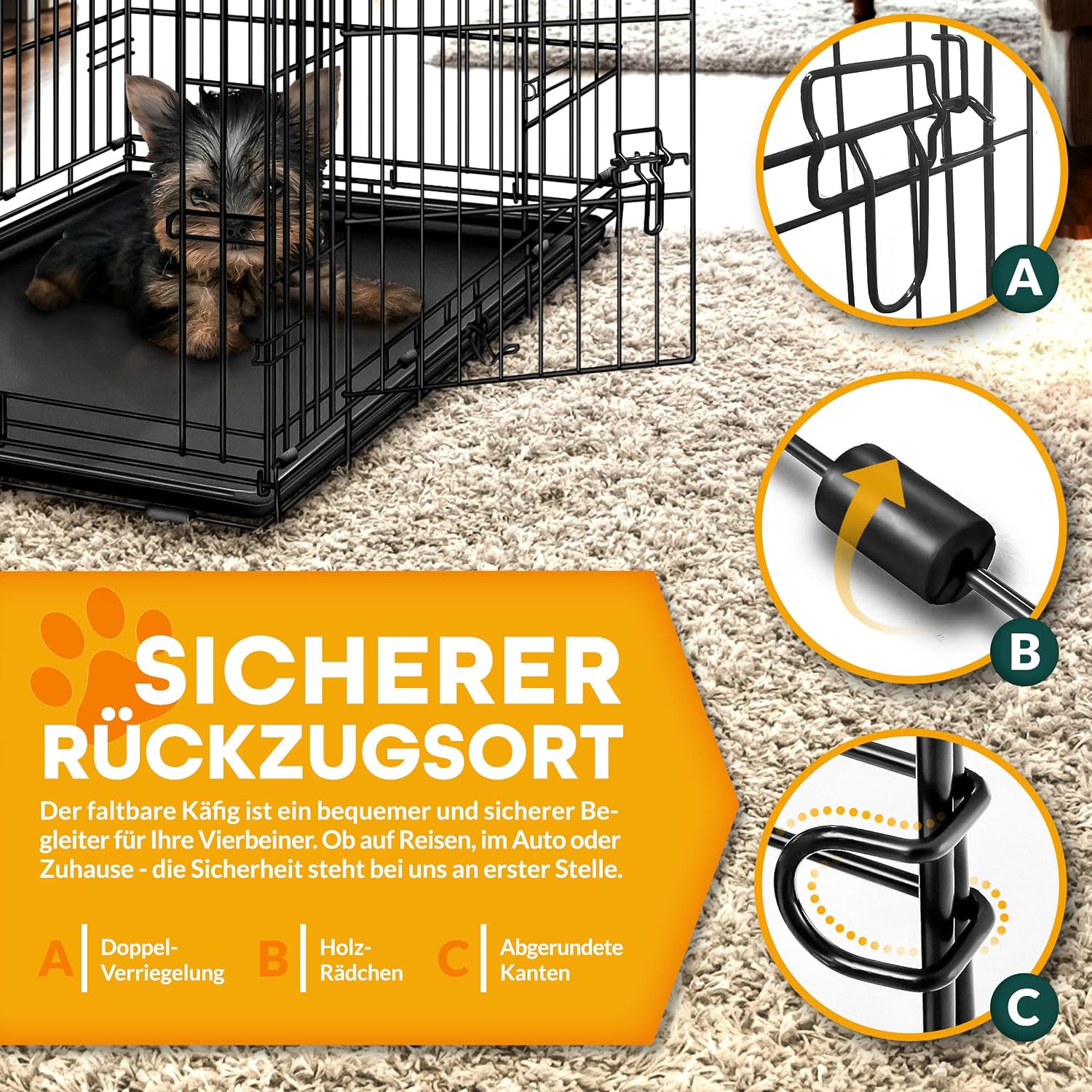 Detalle de TRESKO Hundekäfig 107 x 71 x 77 cm faltbar mit 2 Türen – Transportkäfig für Auto mit Bodenschale