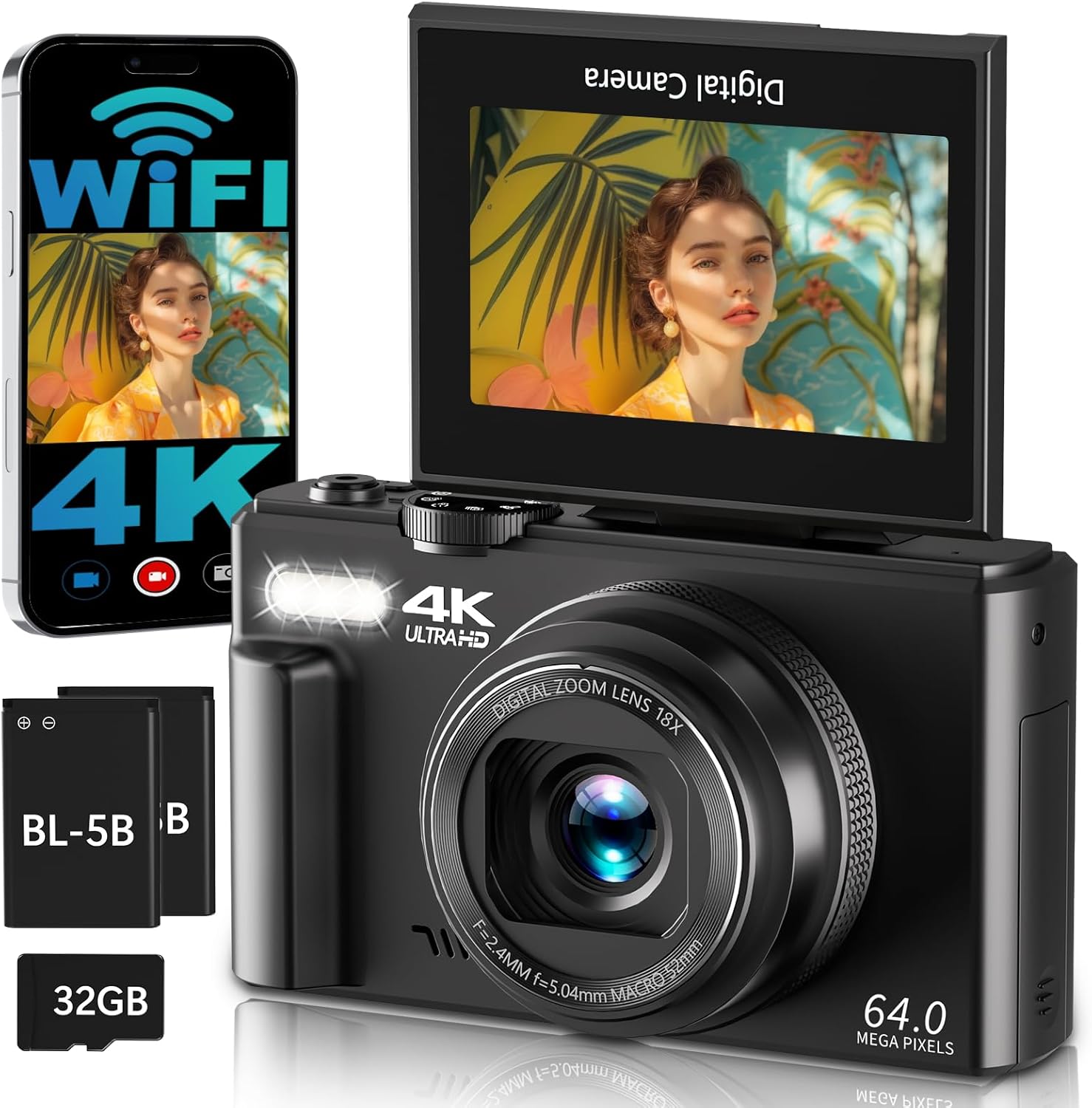 Detalle de Digitalkamera 4K mit WLAN, 64 MP und 18x Digitalzoom – idealer Einstieg für Reise-Vlogs