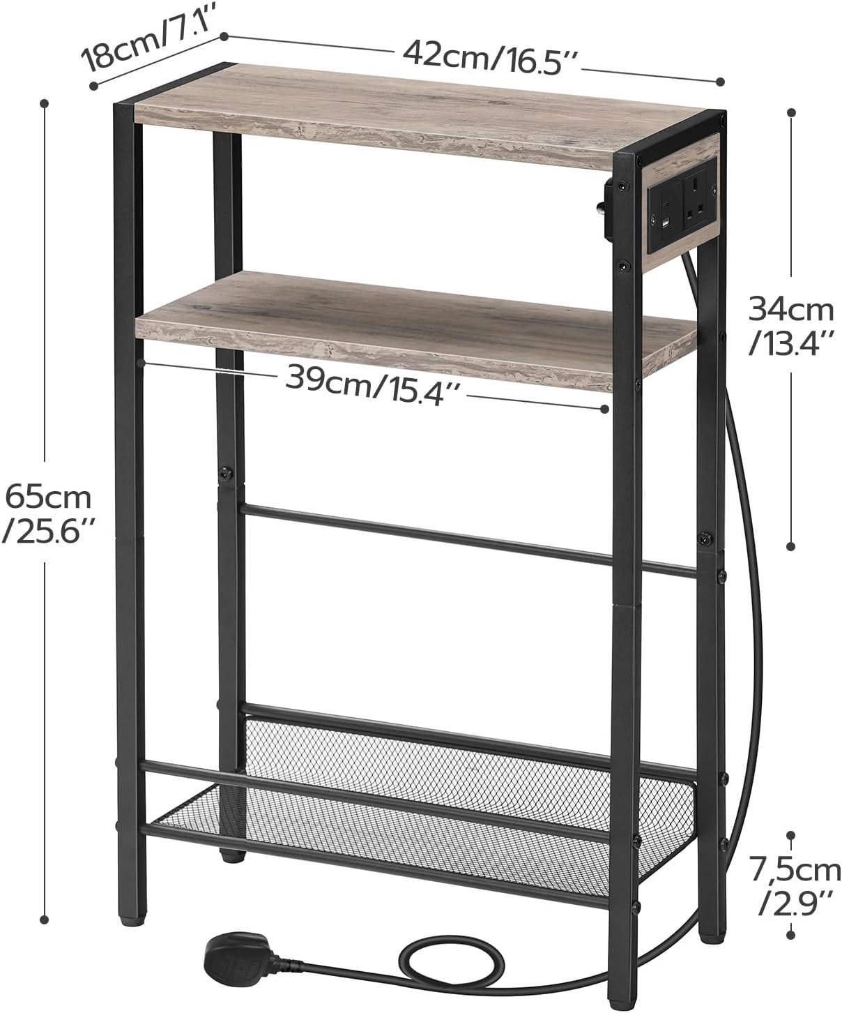 Thumbnail 2 de HOOBRO Slim Side Table with Charging Station (EBG102KBZ01) – Narrow 3-Tier Bedside Table for Small Spaces