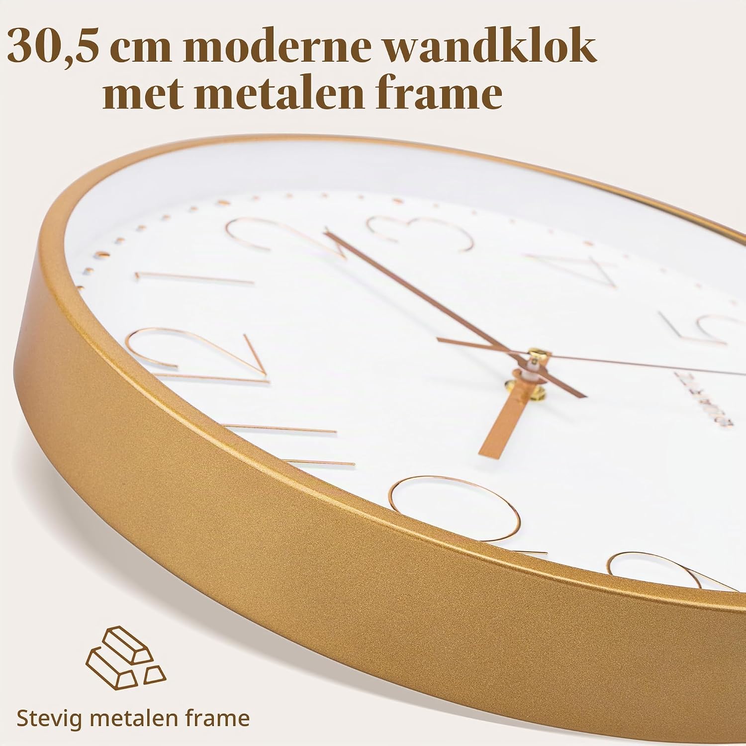 Detalle 2 de Foxtop Horloge Murale-04 wandklok 30 cm, goudkleurig en geruisloos