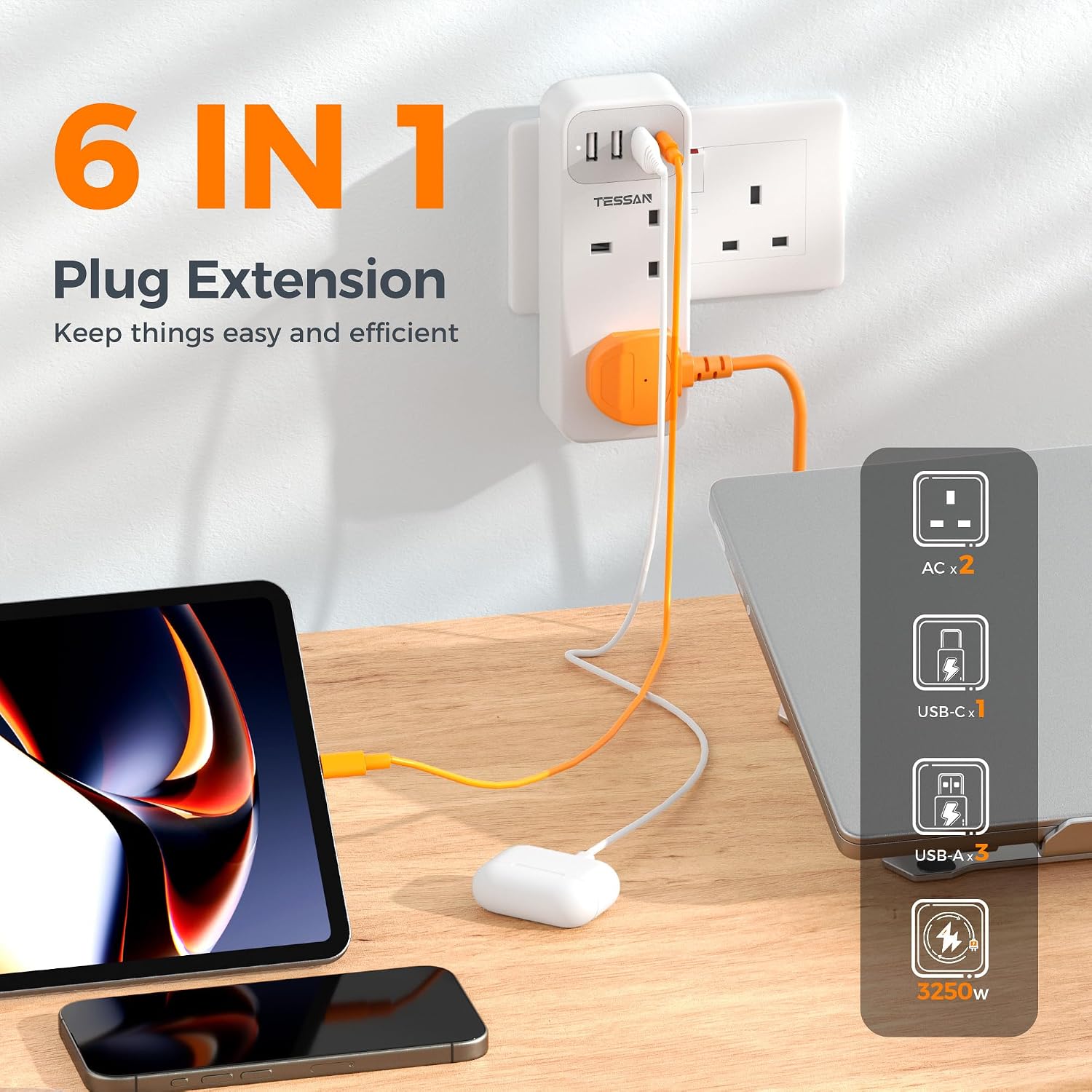 Detalle 2 de TESSAN Plug Adapter 13A with 3 USB-A & 1 USB-C đ