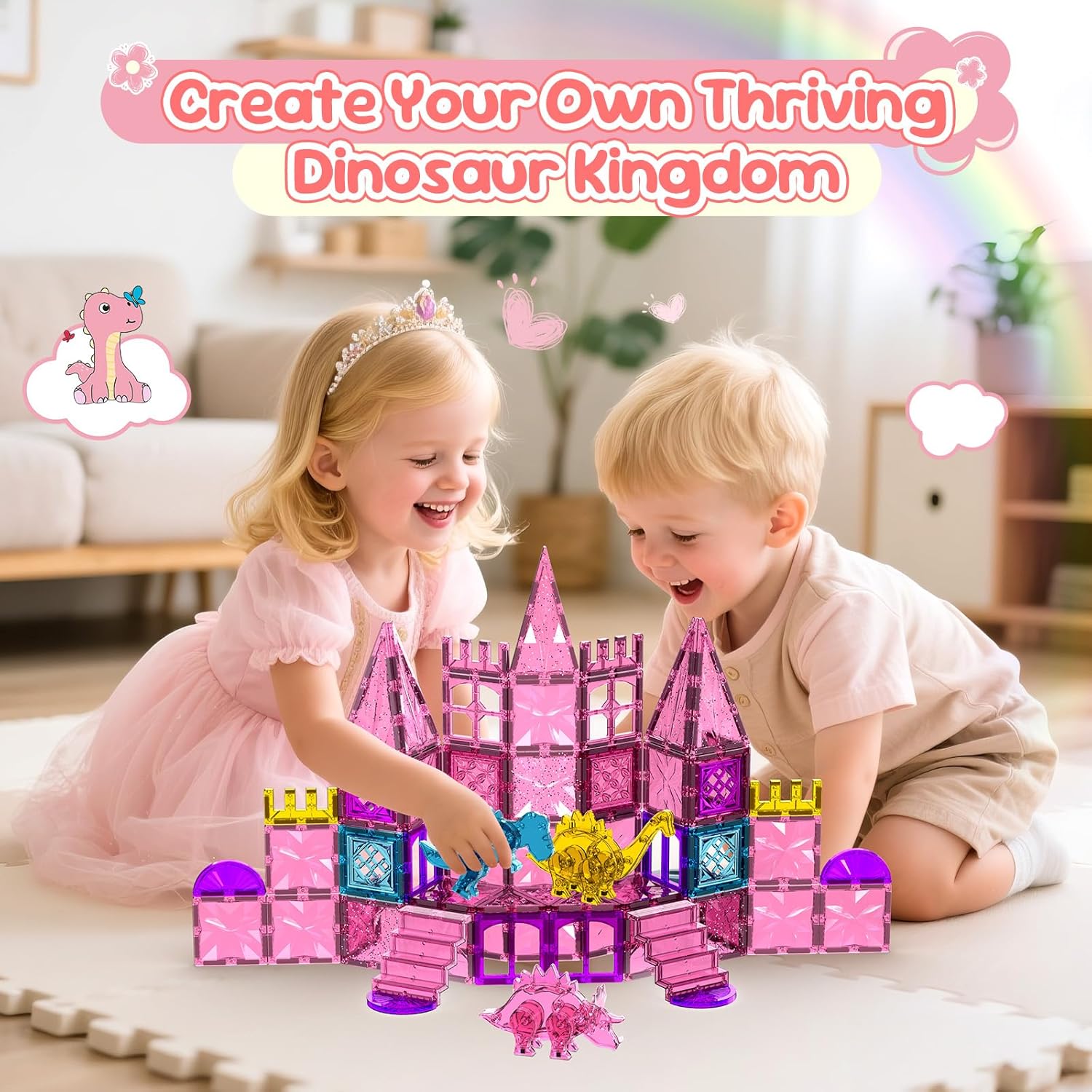Detalle de UREC 60PCS Dinosaur Toys Magnetic Tiles for Girls: Pink Dino Magnetic Building Blocks (Ages 3-8)