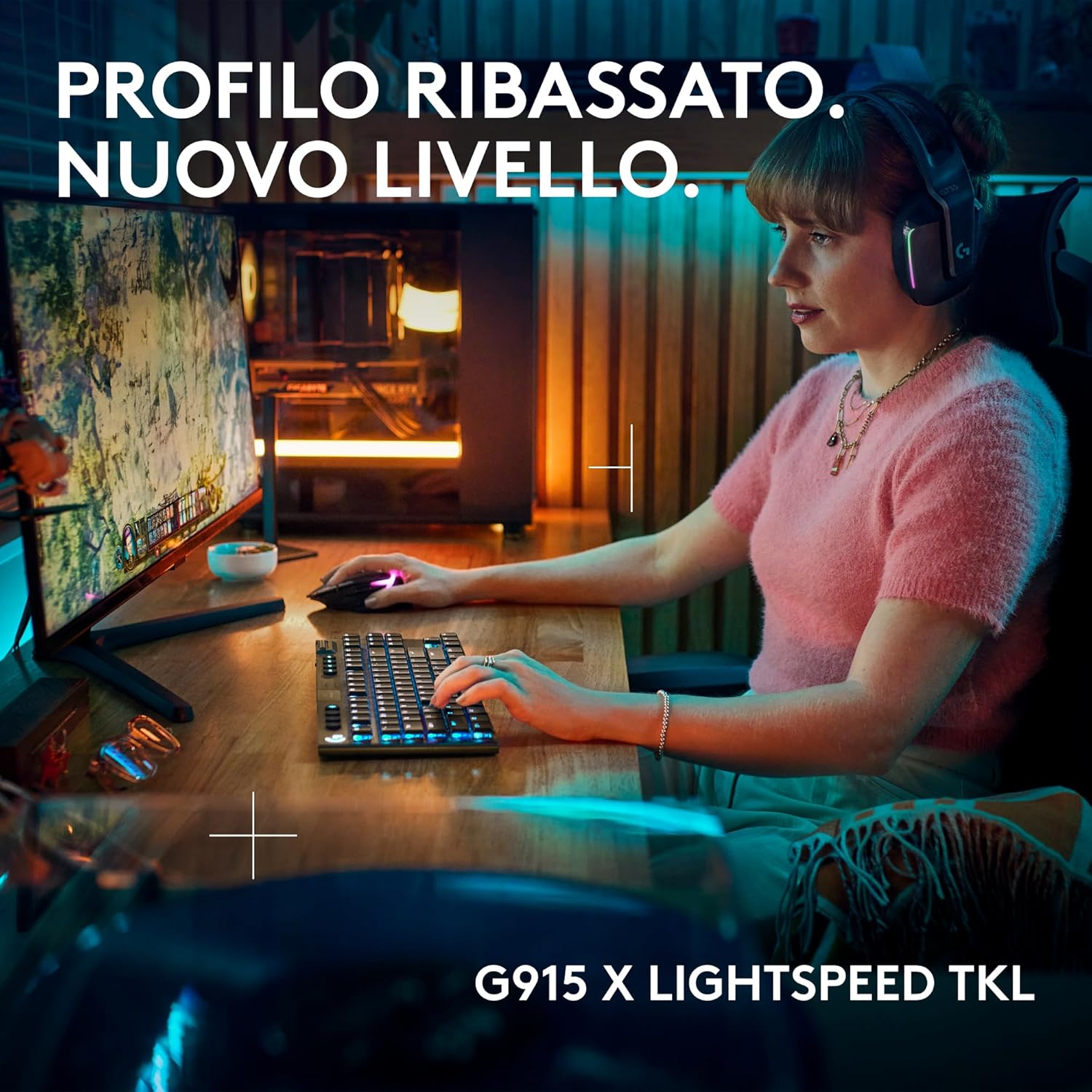 Detalle de Logitech G G915 X LIGHTSPEED TKL: tastiera gaming wireless ultrapiatta con switch GL Brown e copritasti PBT