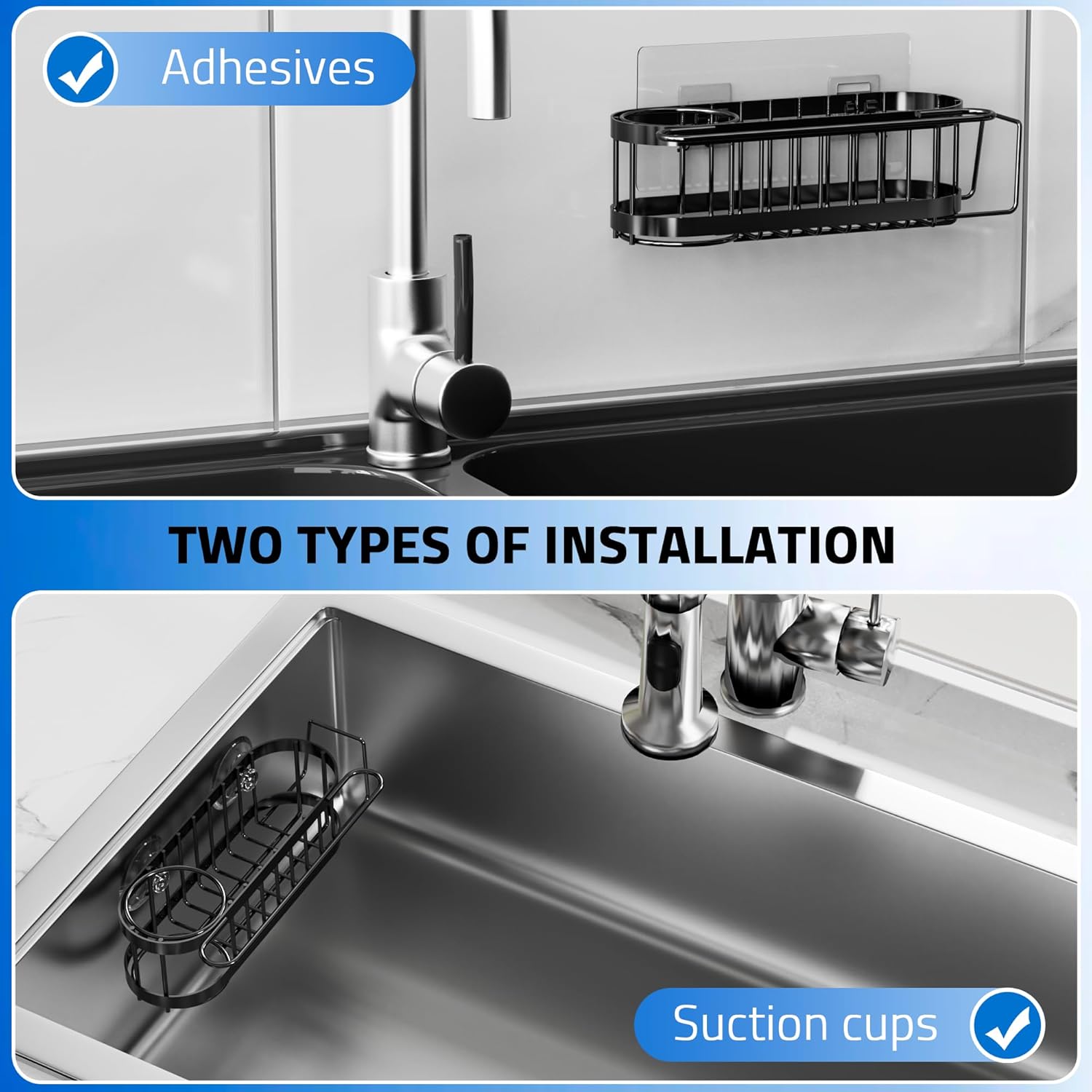 Thumbnail 1 de Cisily Kitchen Sink Caddy Sponge Holder in the Sink (Stainless Steel) — Suction & Adhesive Mounting Organizer
