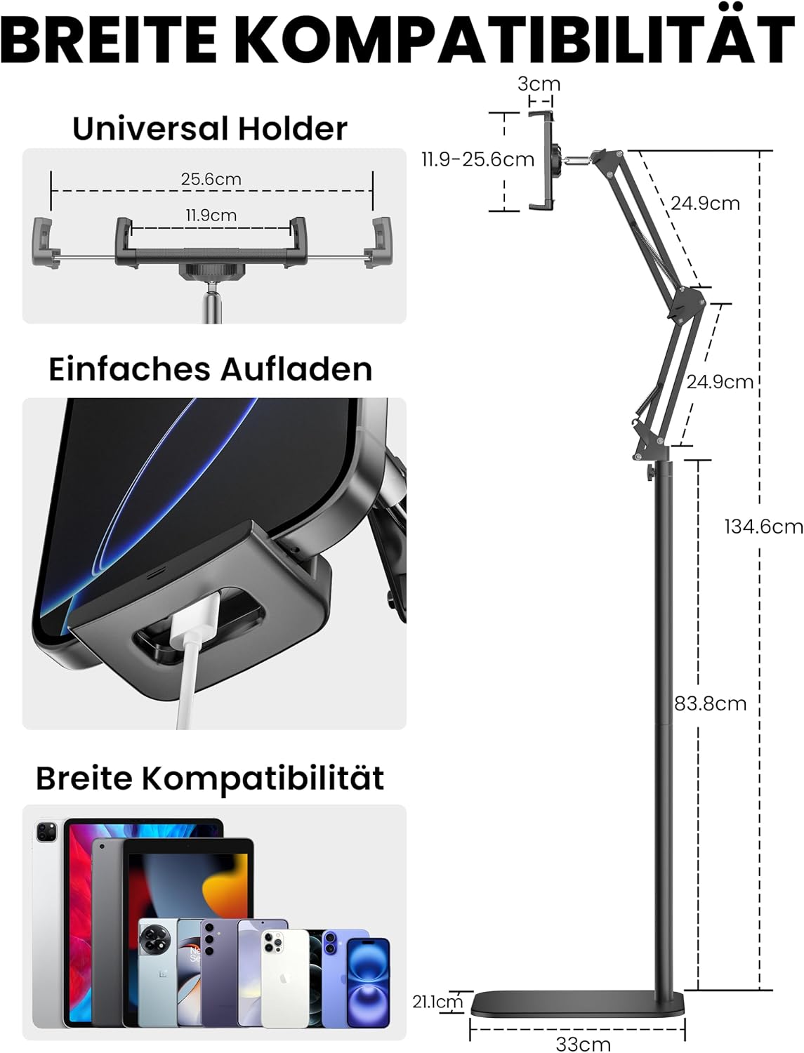 Detalle de TabHolderix Tablet Bodenständer – 360° drehbar und verstellbar für 4,7–12,9 Zoll Geräte