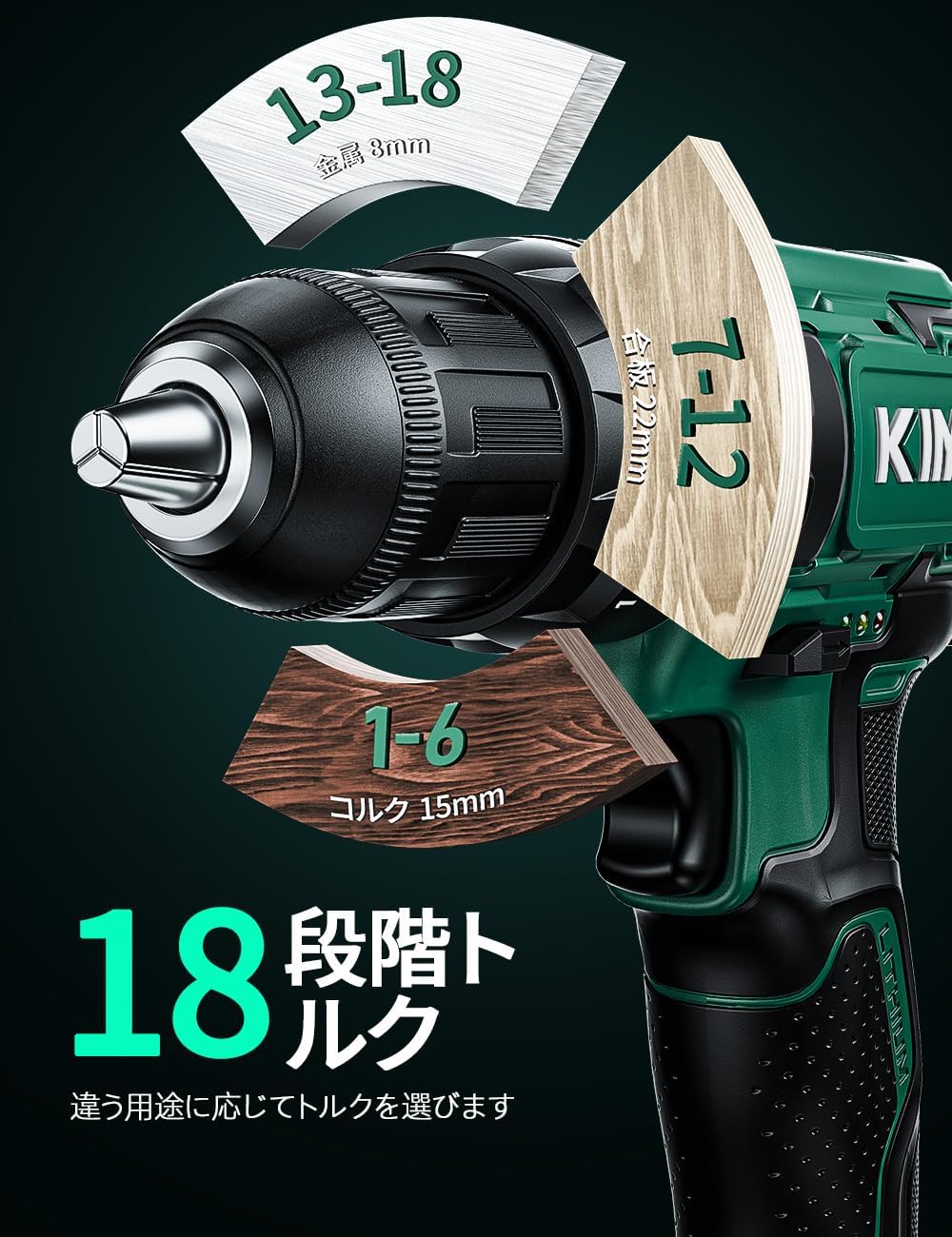 Detalle de KIMO 電動ドリルドライバー 20V・バッテリー2個付き、18段階トルク調整・2段変速