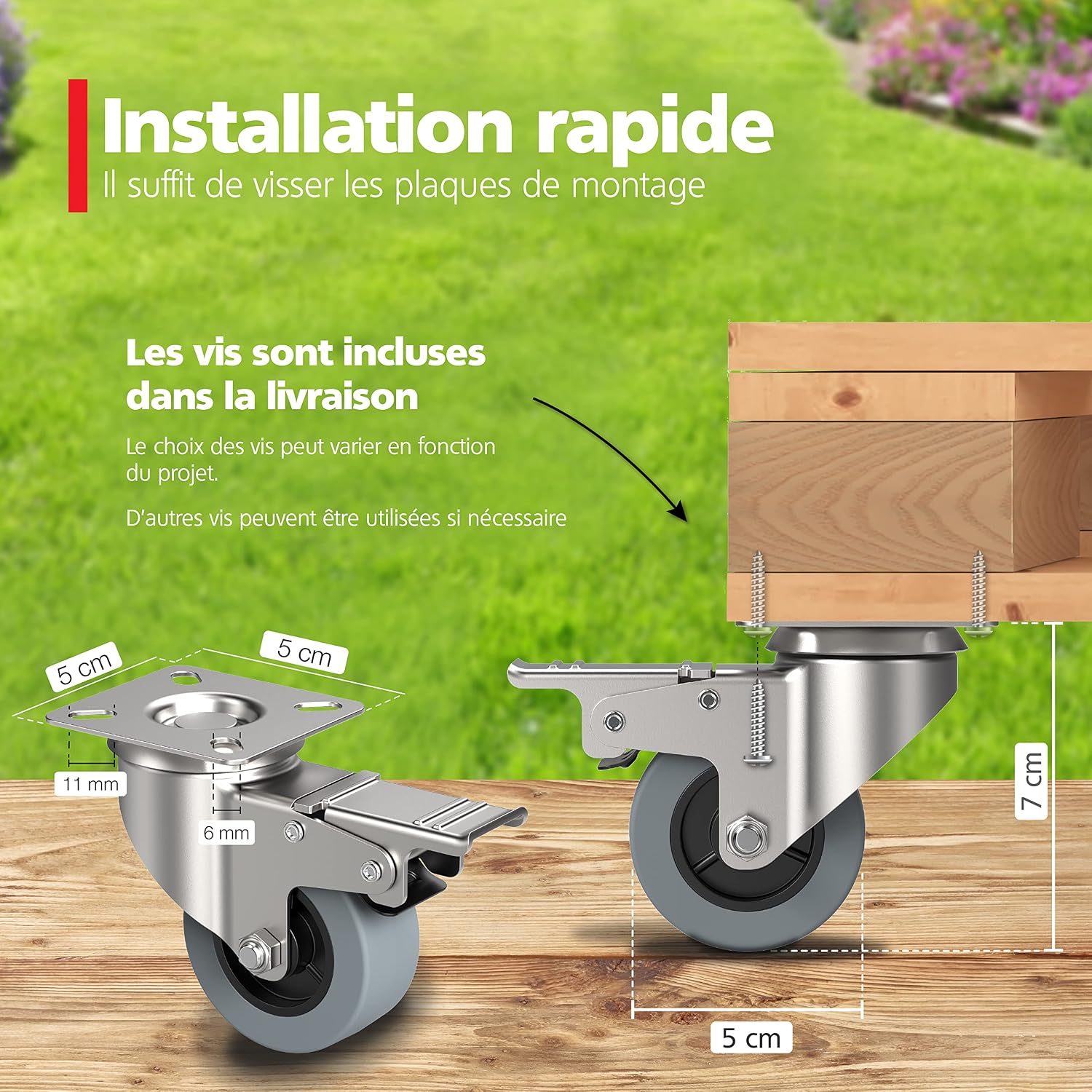Detalle 2 de RAVN HAMAN : lot de 4 roulettes pour meubles avec frein (jusqu’à 35 kg par roue) et pivot intérieur/extérieur