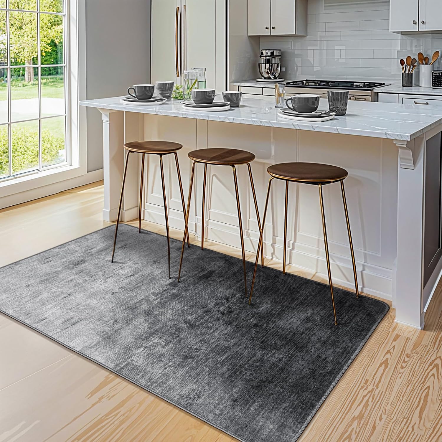 Detalle de LIANLAM 3' x 5' Washable Area Rug, Gray Polyester, Low-Pile, Non-Slip Backing
