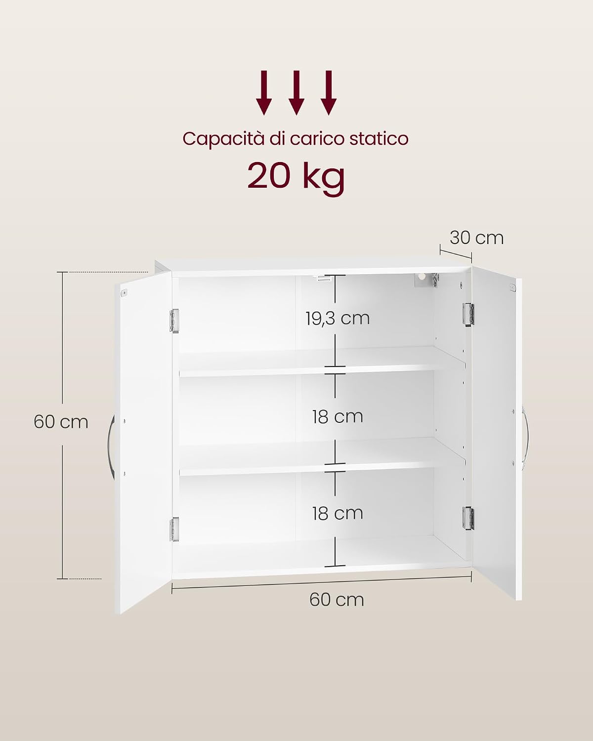 Detalle de VASAGLE BBC321W01: armadietto pensile da bagno sospeso bianco nuvola 30 x 60 x 60 cm con ripiani regolabili