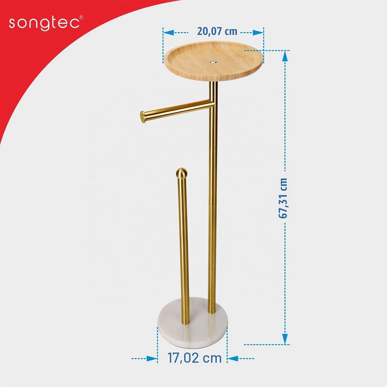 Detalle 1 de Songtec – złoty stojak na papier toaletowy z bambusową półką i marmurową podstawą