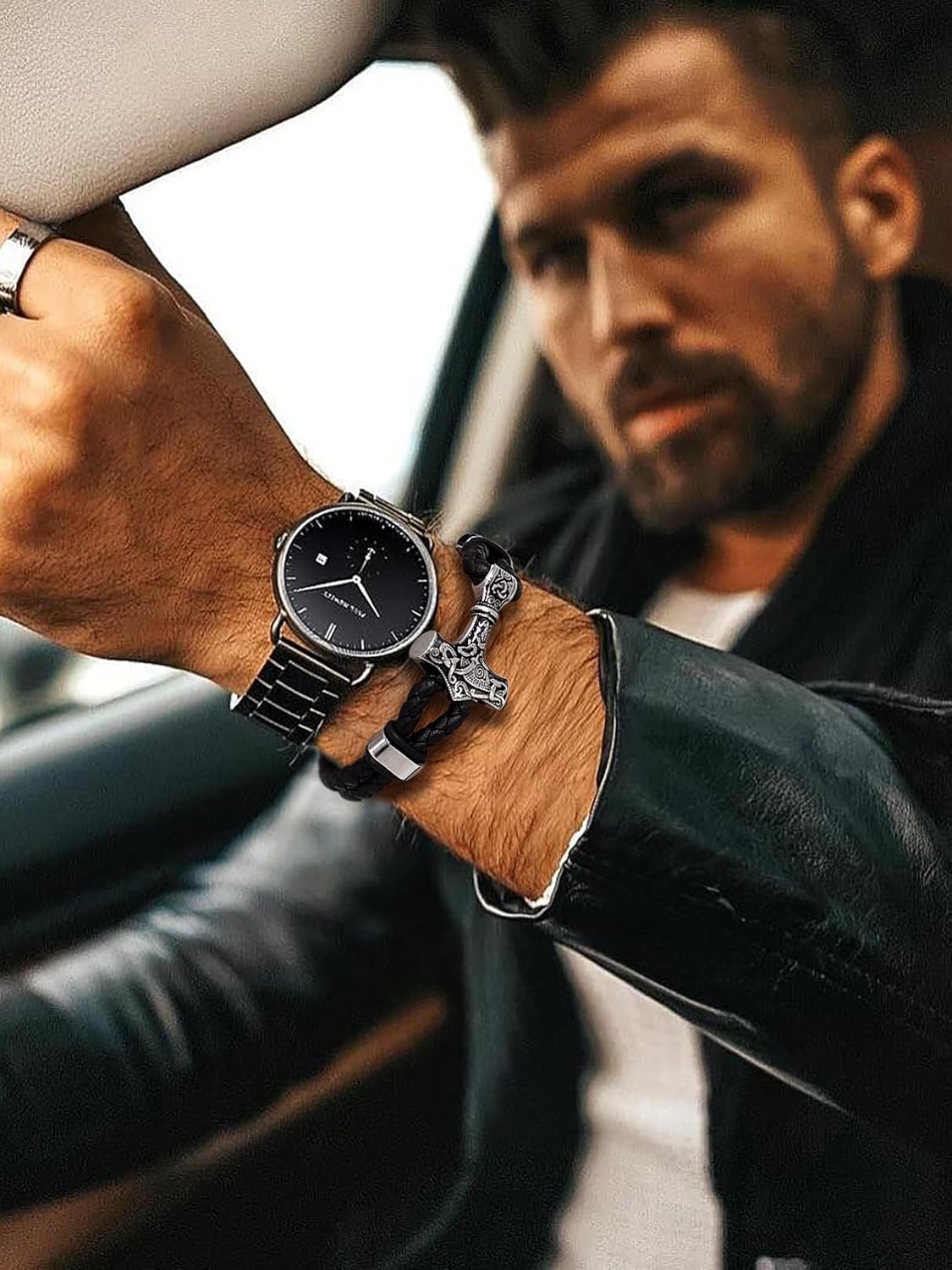 Thumbnail 2 de Bandmax Bracelet homme en cuir PU tressé noir avec manchette marteau (21 cm/23 cm) – fermoir ajustable