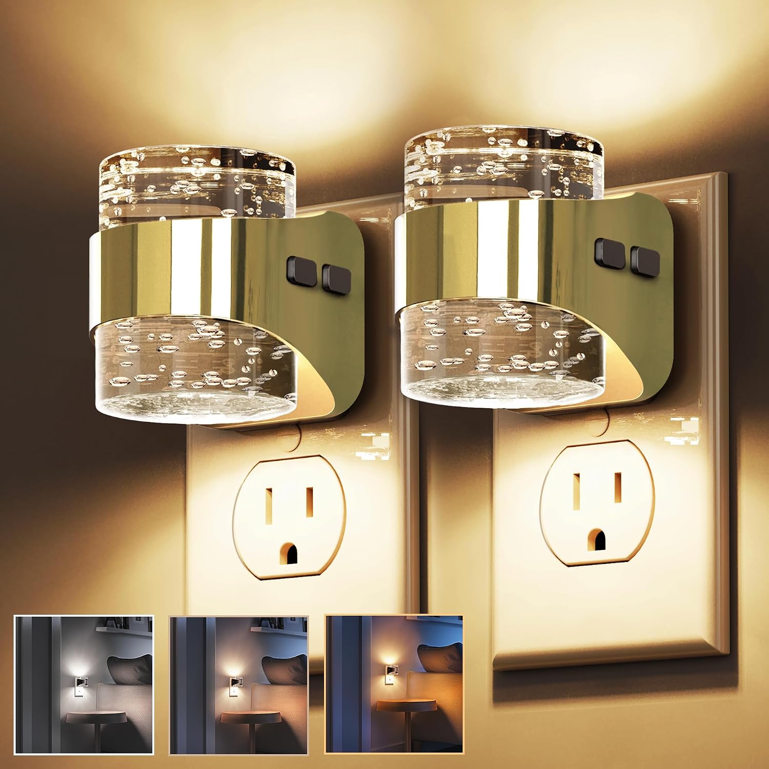 Detalle de L LOHAS LED A-GY21508DGD3US-2 2-Pack Plug-In Night Lights, 3 CCT, Dusk-to-Dawn