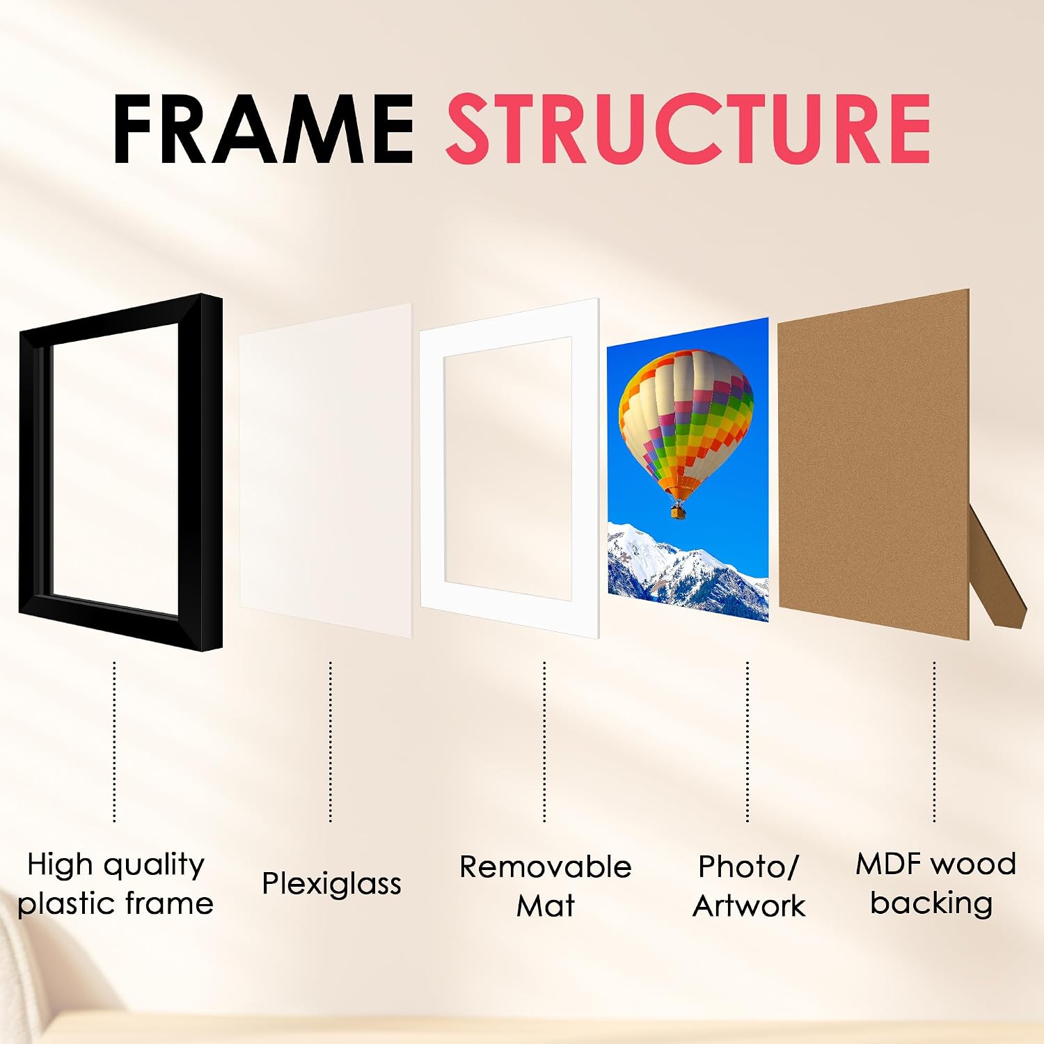 Detalle de FIXSMITH FM06270810 8x10 Picture Frame, Black Plastic with Plexiglass Front