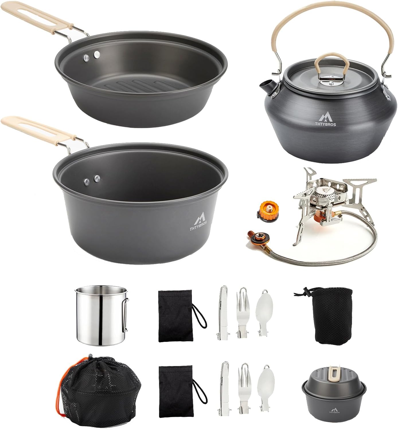 Detalle de THTYBROS Camping Cookware Set with Kettle, Folding Stove and Stainless Steel Utensils
