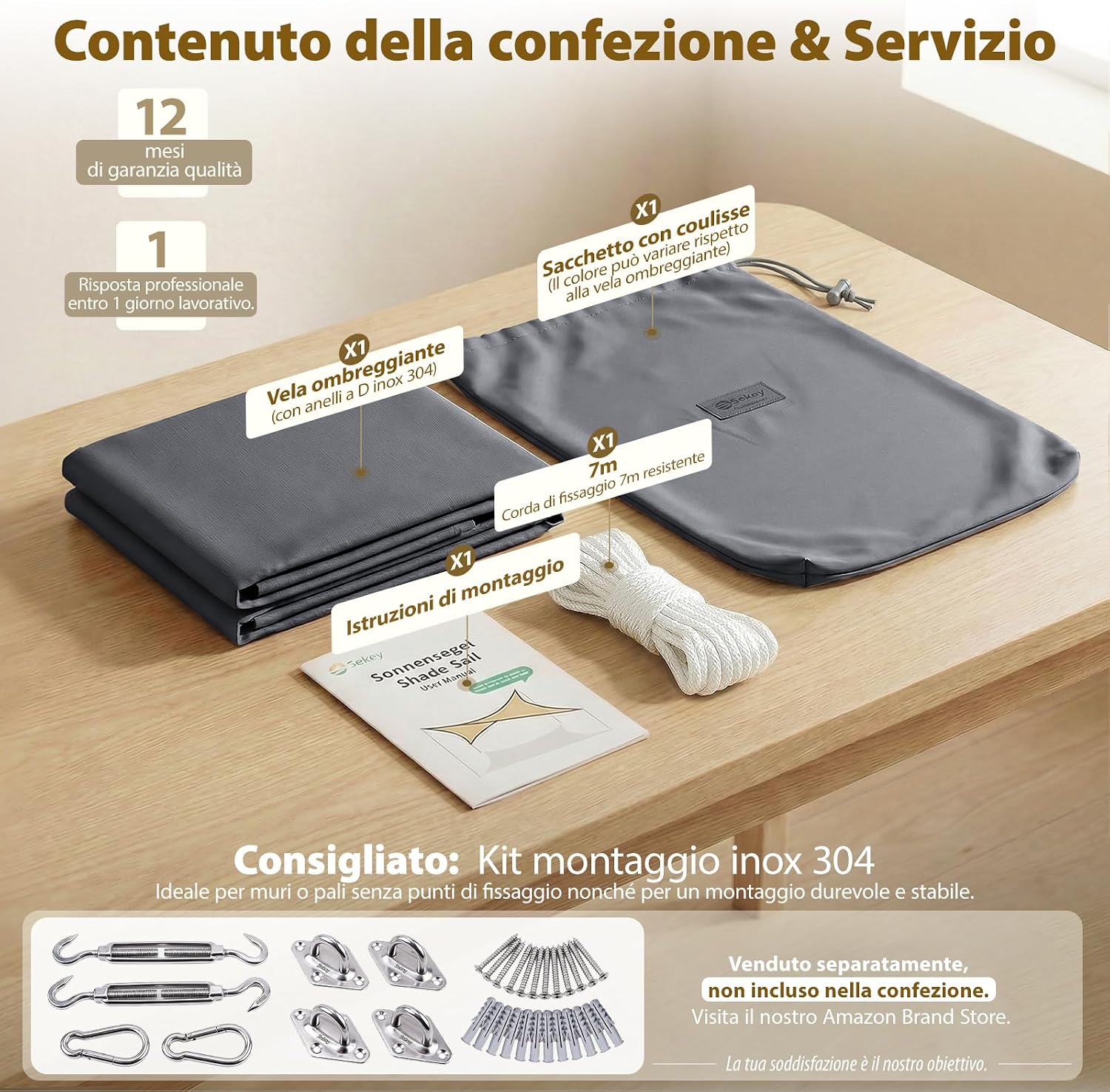 Detalle 2 de Sekey Vela Ombreggiante Impermeabile 2x3m senza cucitura – Anelli Inox, PES 160g/m², UV 95%, Antracite