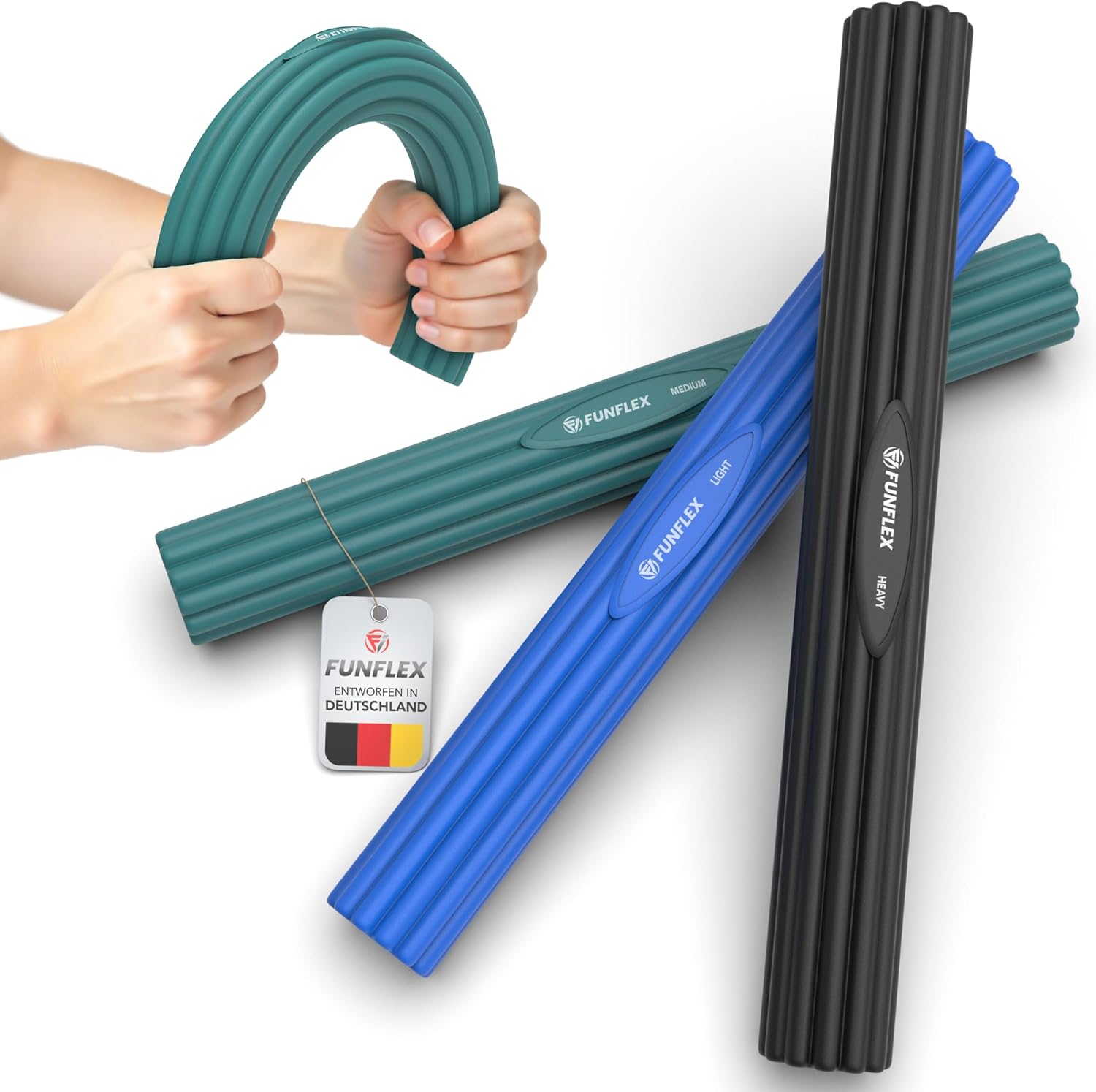 FUNFLEX Flexible Widerstandsstangen-Set (3 Stärken) für Tennisarm, Griffkraft- und Handtraining