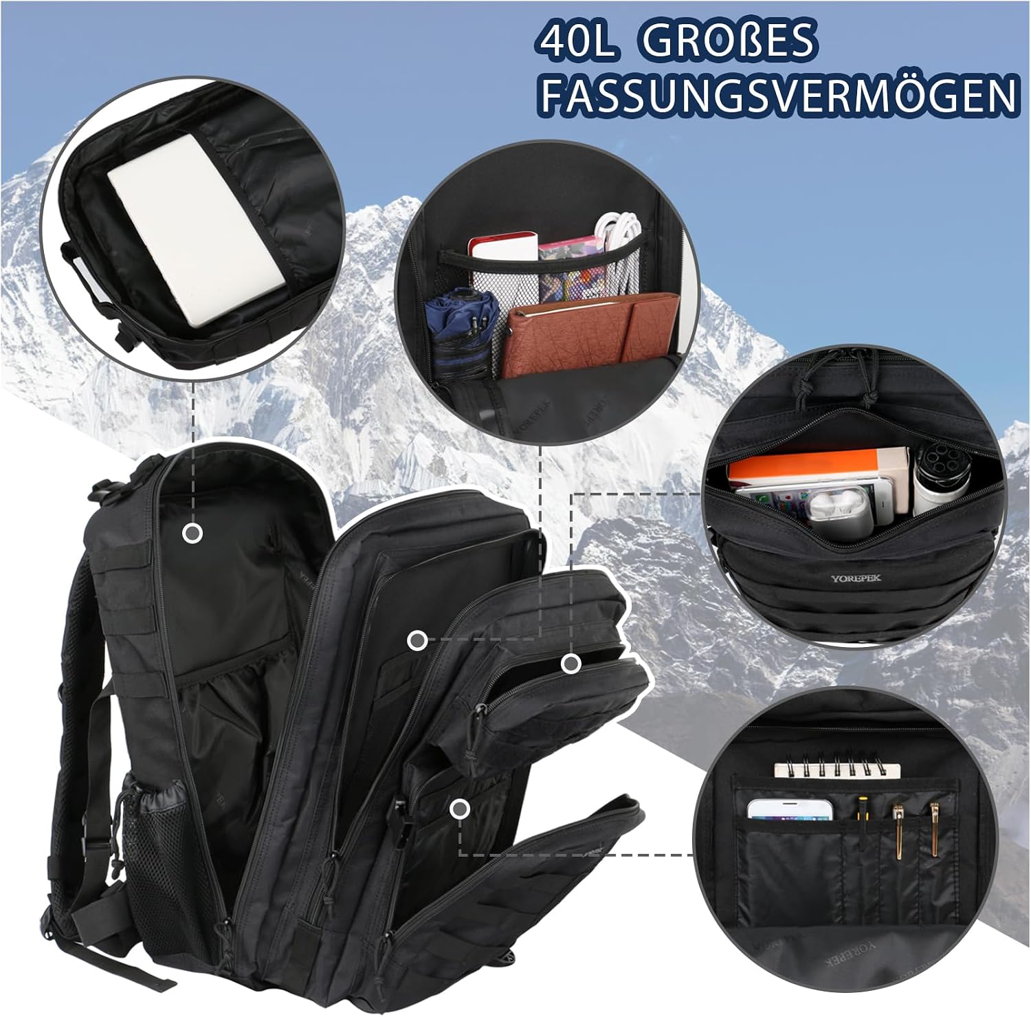 Detalle de YOREPEK Militär Rucksack 40L Schwarz
