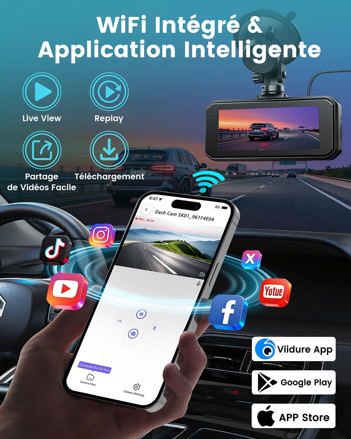 Detalle de Rmana Dashcam voiture avant/arrière 4K+1080P double caméra avec WiFi et écran IPS 3,18