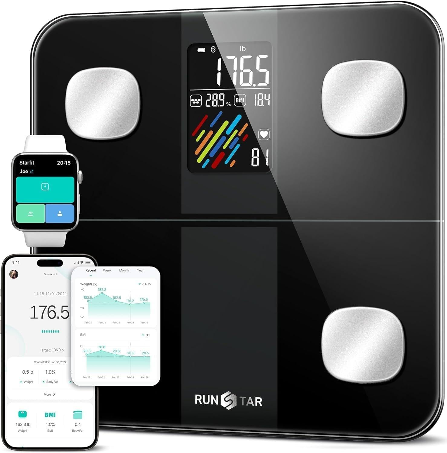 Detalle de Runstar slimme lichaamsanalyseweegschaal met groot display, BMI en hartslag