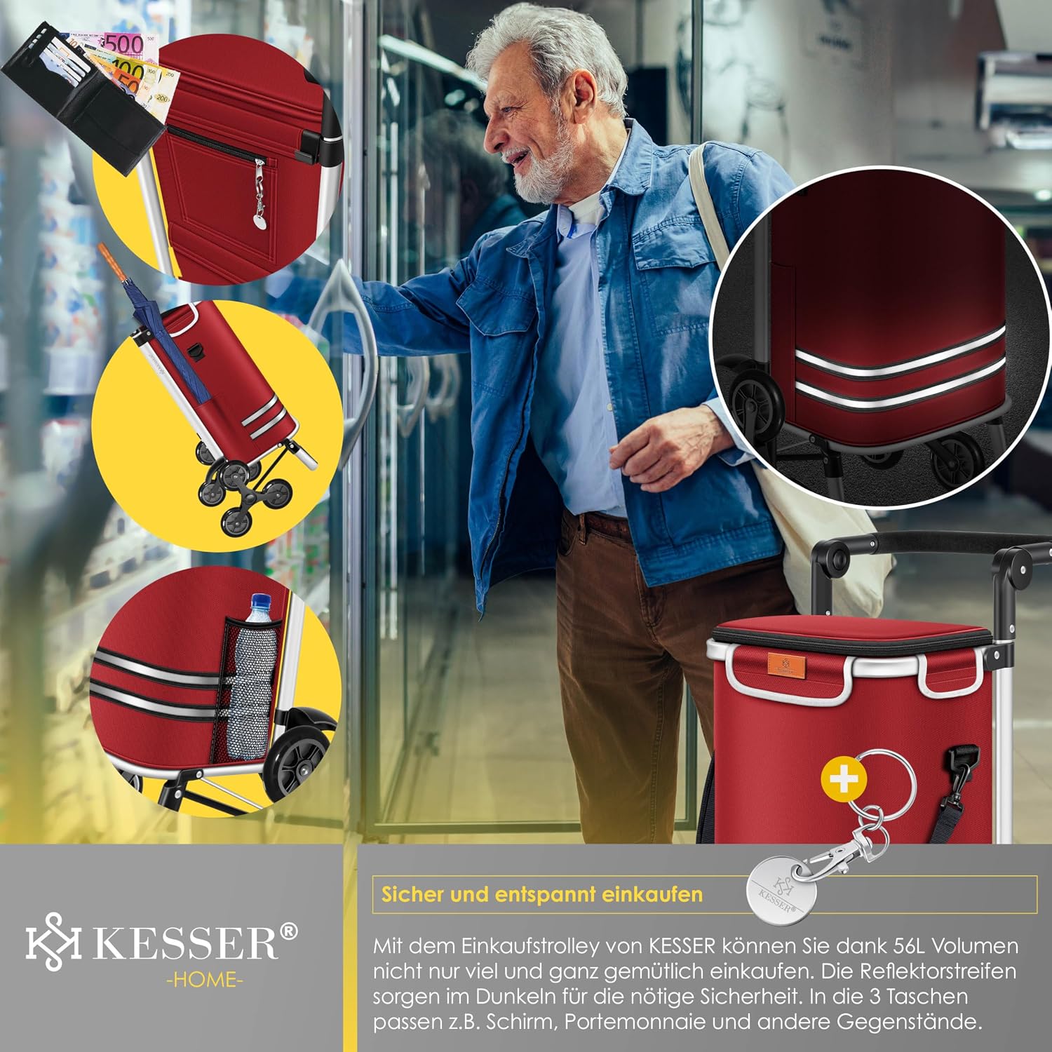 Thumbnail 4 de KESSER® Einkaufstrolley Treppensteiger mit Kühlfach, klappbar (56 l, bis 50 kg) – 3in1 Trolley & Umhängetasche, Bordeaux