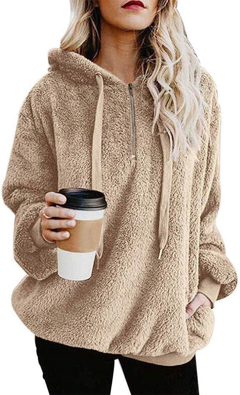 Detalle de onlypuff Fuzzy Sherpa Pullover Hoodie for Women with Drawstring and Pocket