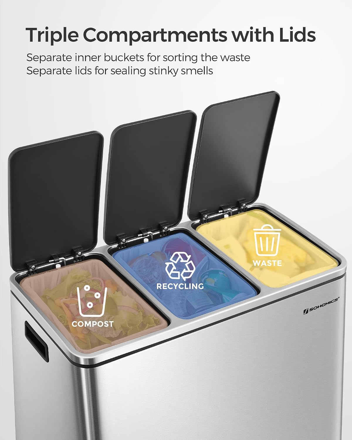 Detalle de SONGMICS ISLAND LTB54NL 3-compartment kitchen bin, 3 x 18 L, pedal