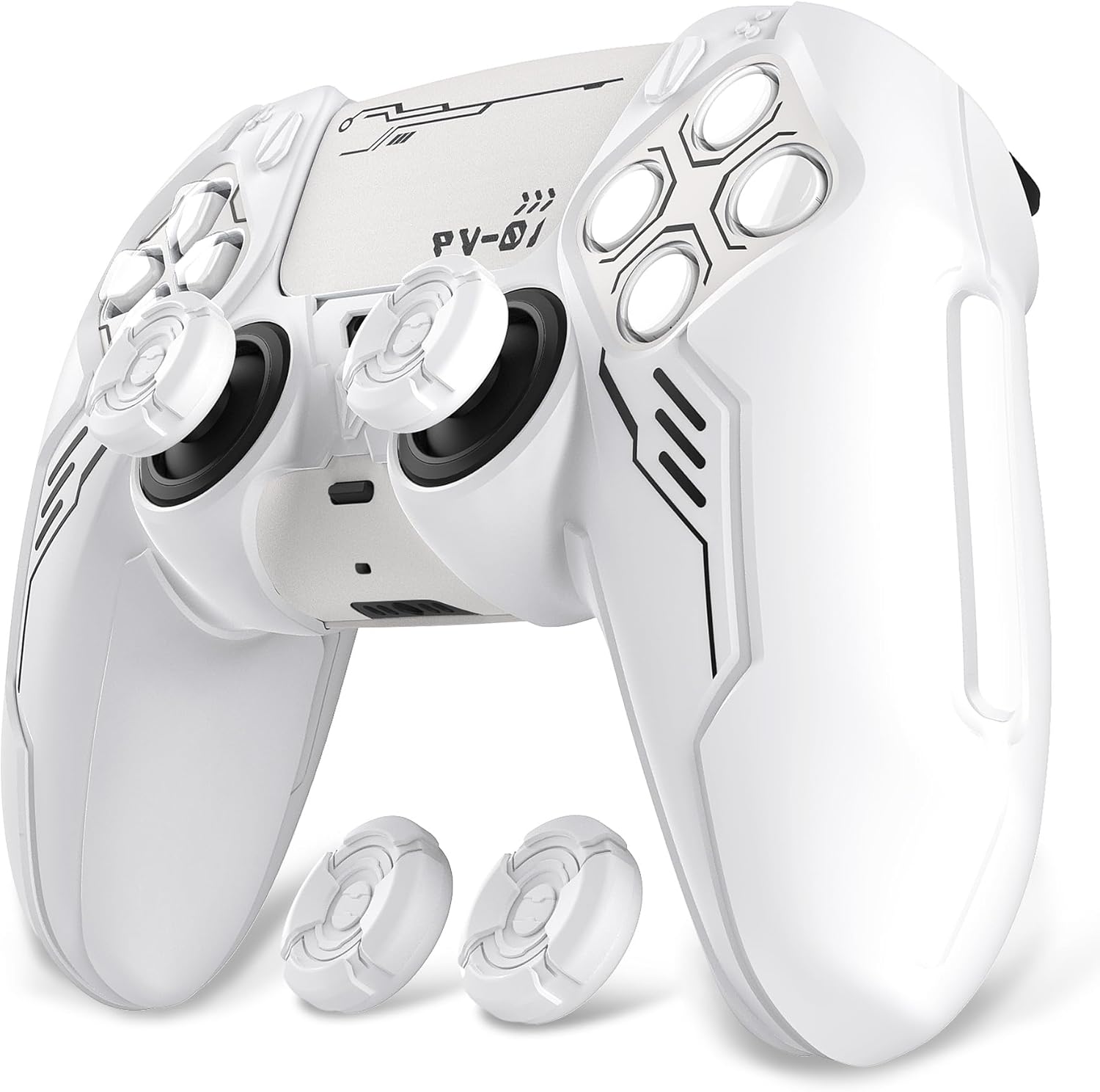 Detalle de playvital Mecha Edition Silicone Cover for PS5 Controller (White) with Joystick Caps & Stickers