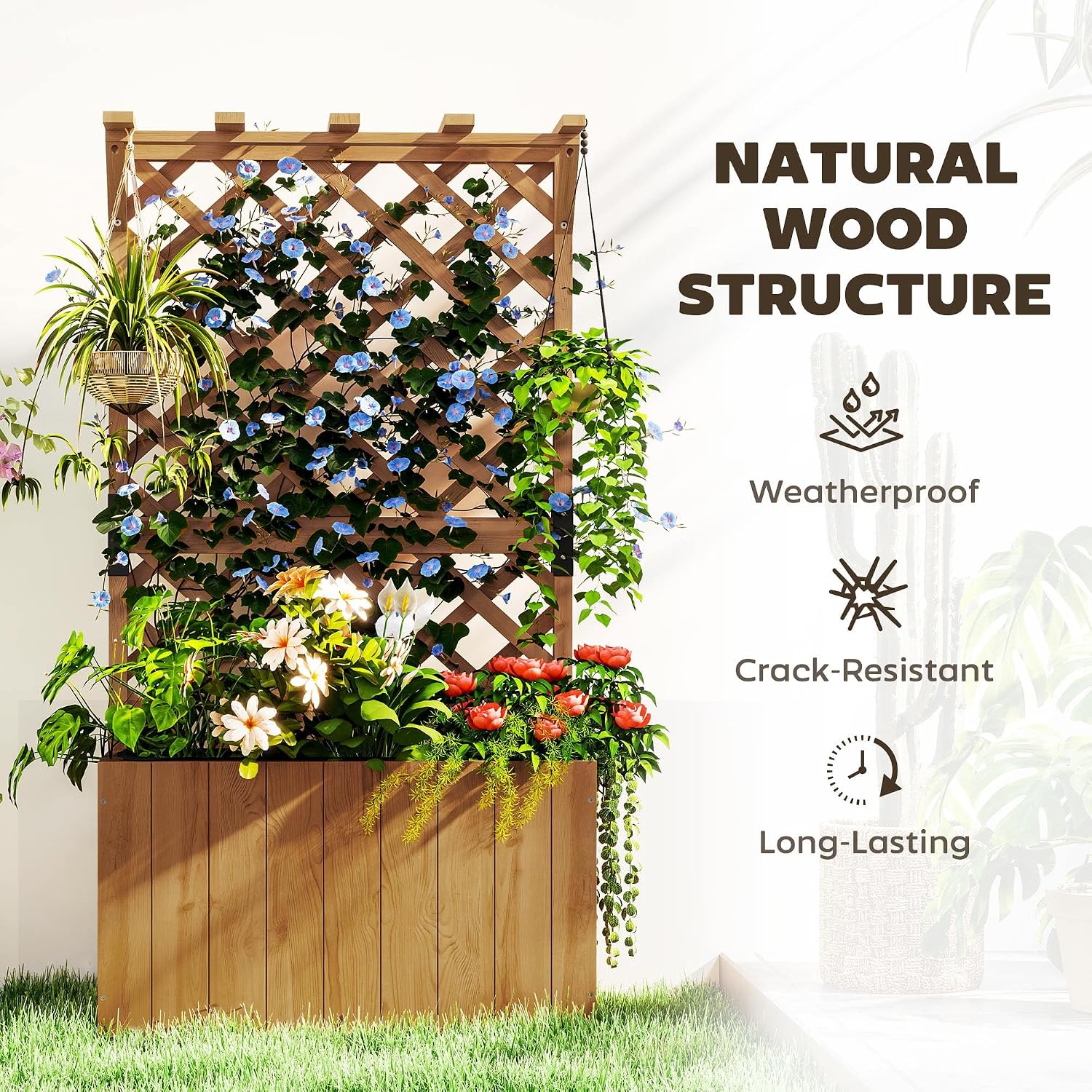 Detalle 1 de Outsunny 84H-254V00ND Wooden Planter with Trellis, Fir Wood, Drainage
