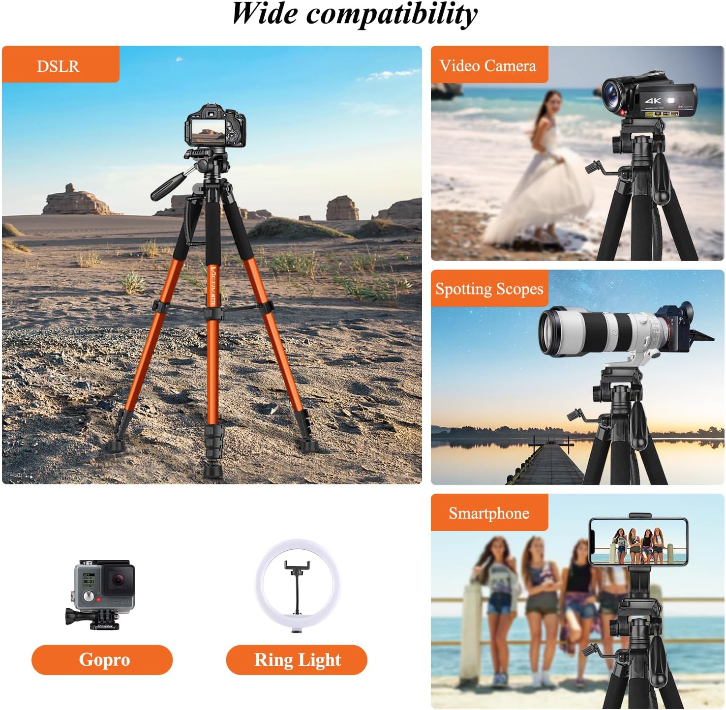 Detalle de Victiv NT70 74-Inch Aluminum Tripod for Cameras and Phones, Orange