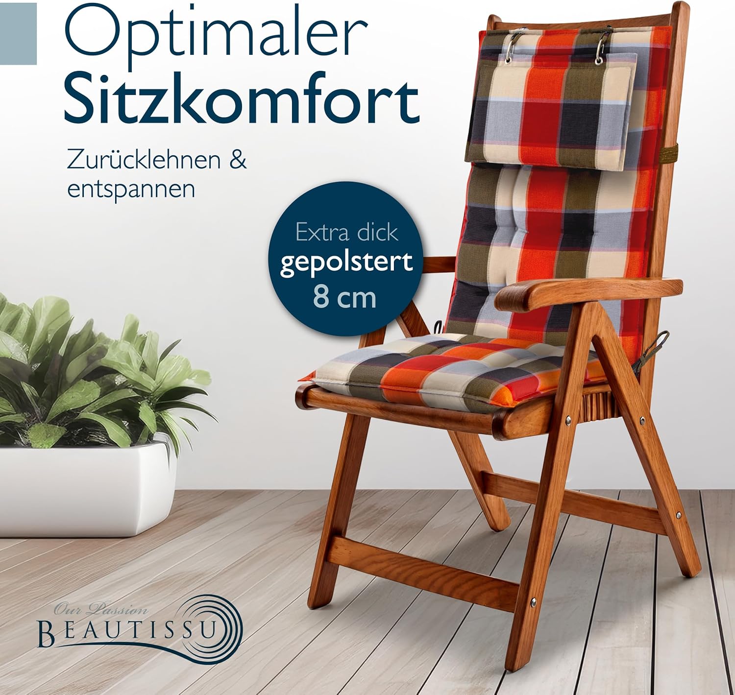 Detalle de Beautissu 5er Set Premium Hochlehner Auflagen mit Kopfpolstern, 120x50 cm, Orange Beige kariert