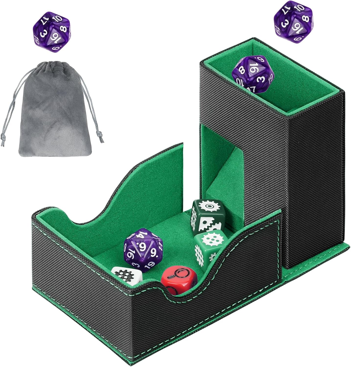 Detalle de T351 Dice Case-GN-CA Foldable Dice Tower, Magnetic PU Leather Tray, Black & Green