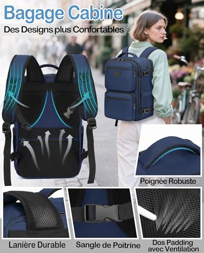 Detalle de LYNXCHER Sac à Dos Voyage Cabine 40x20x25 cm – 20 L, Bleu Foncé, 14 pouces (Homme/Femme)