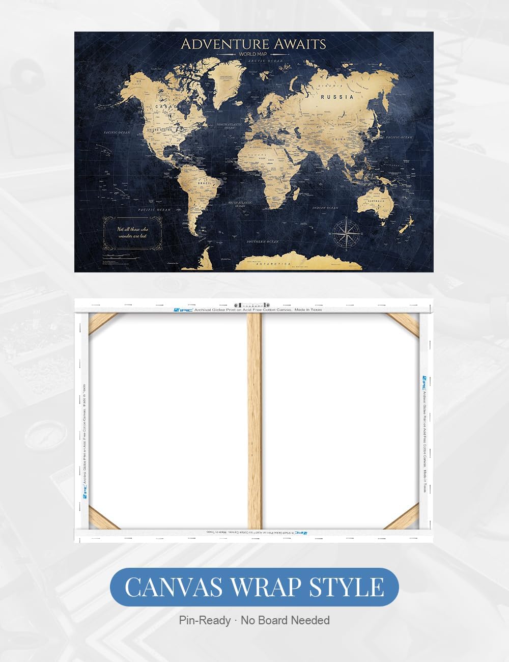 Detalle 1 de IPIC Vintage Teal World Map Canvas, 36 x 24 in, Gallery-Wrapped