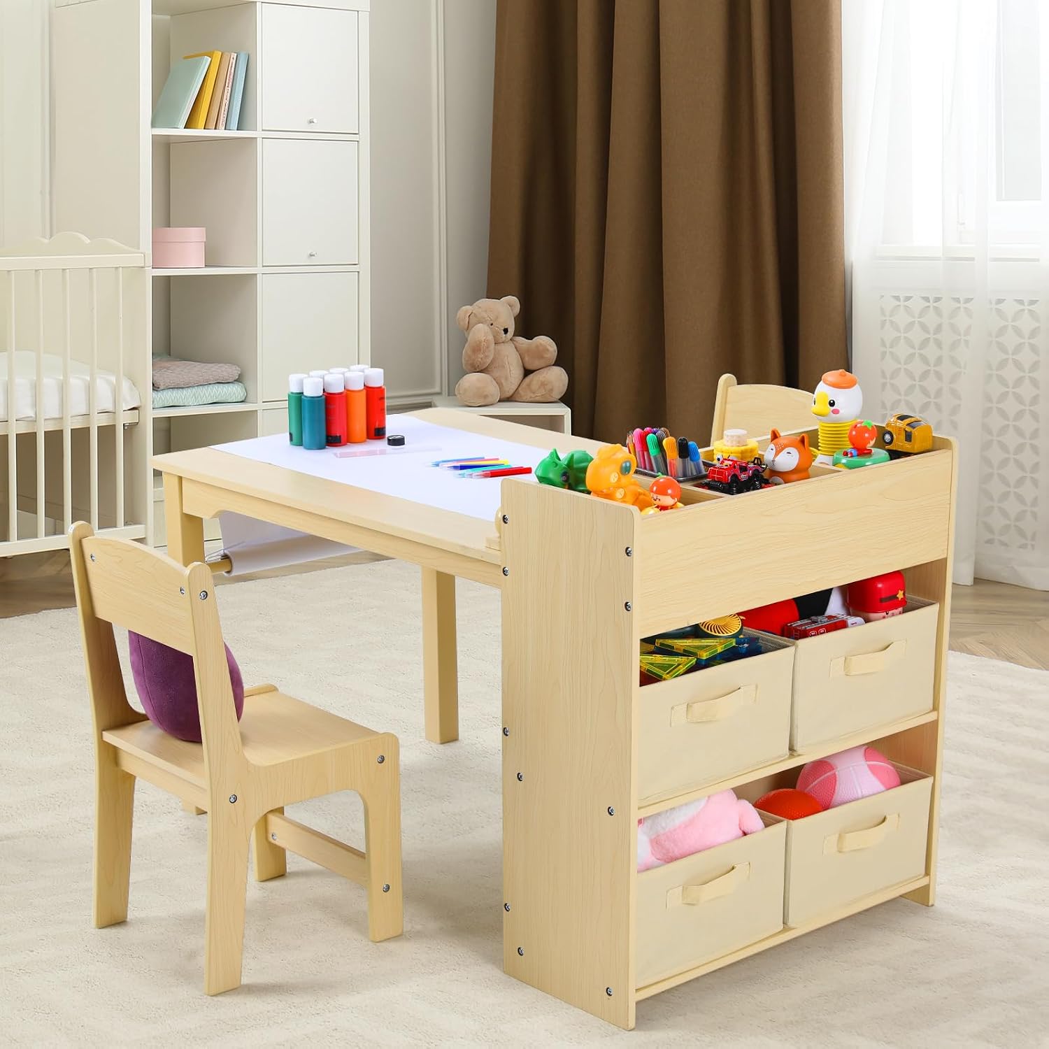 Thumbnail 6 de Clevich Kids Table and Chairs: 2-in-1 Wooden Craft Desk with Paper Roll, Storage Boxes and Dual Chairs