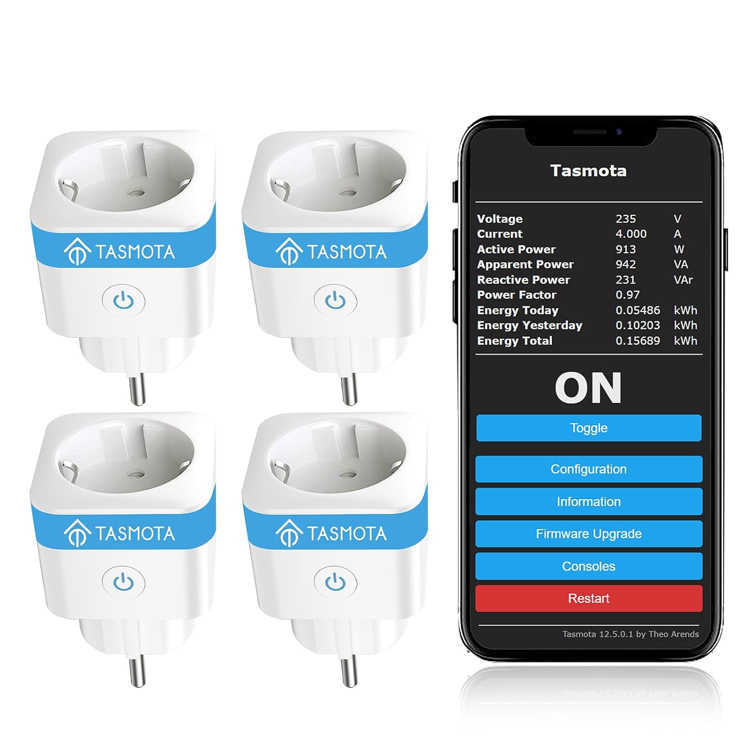 Detalle de EIGHTREE Tasmota WLAN Smart-Steckdose mit Stromzähler (ESP8685) – 16A, nur 2,4‑GHz, Home-Assistant/MQTT/… (4er-Set)